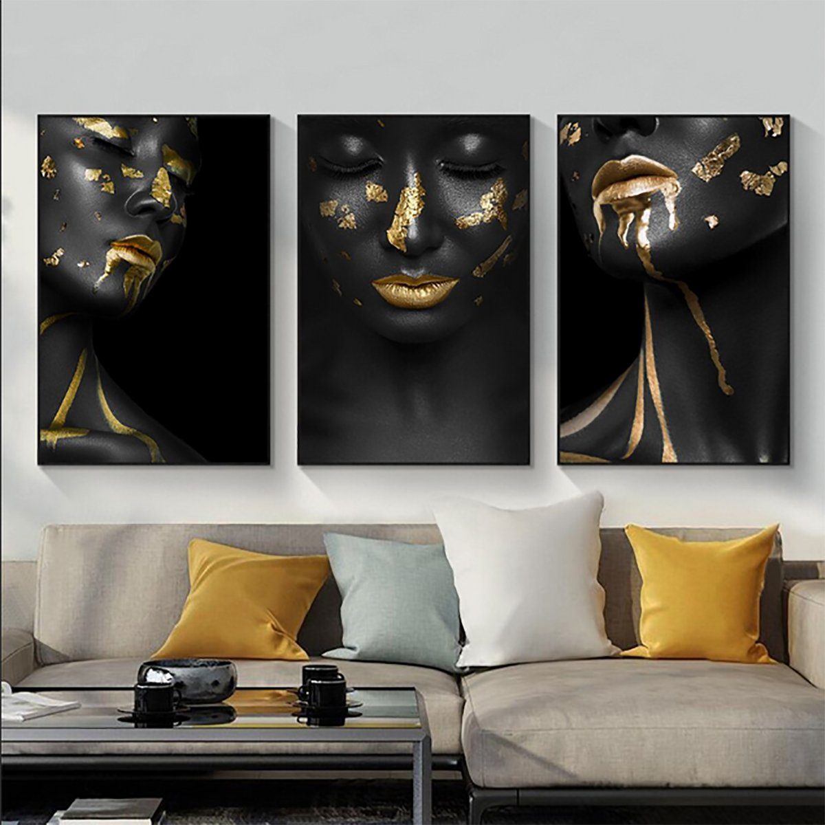 TPFLiving Kunstdruck (OHNE RAHMEN) Poster - Leinwand - Wandbild, Afrikanische Schönheit - Auch im Dreier-Set (Leinwand Wohnzimmer, Leinwand Bilder, Kunstdruck), Farben: gold und schwarz - Größe: 50x70cm