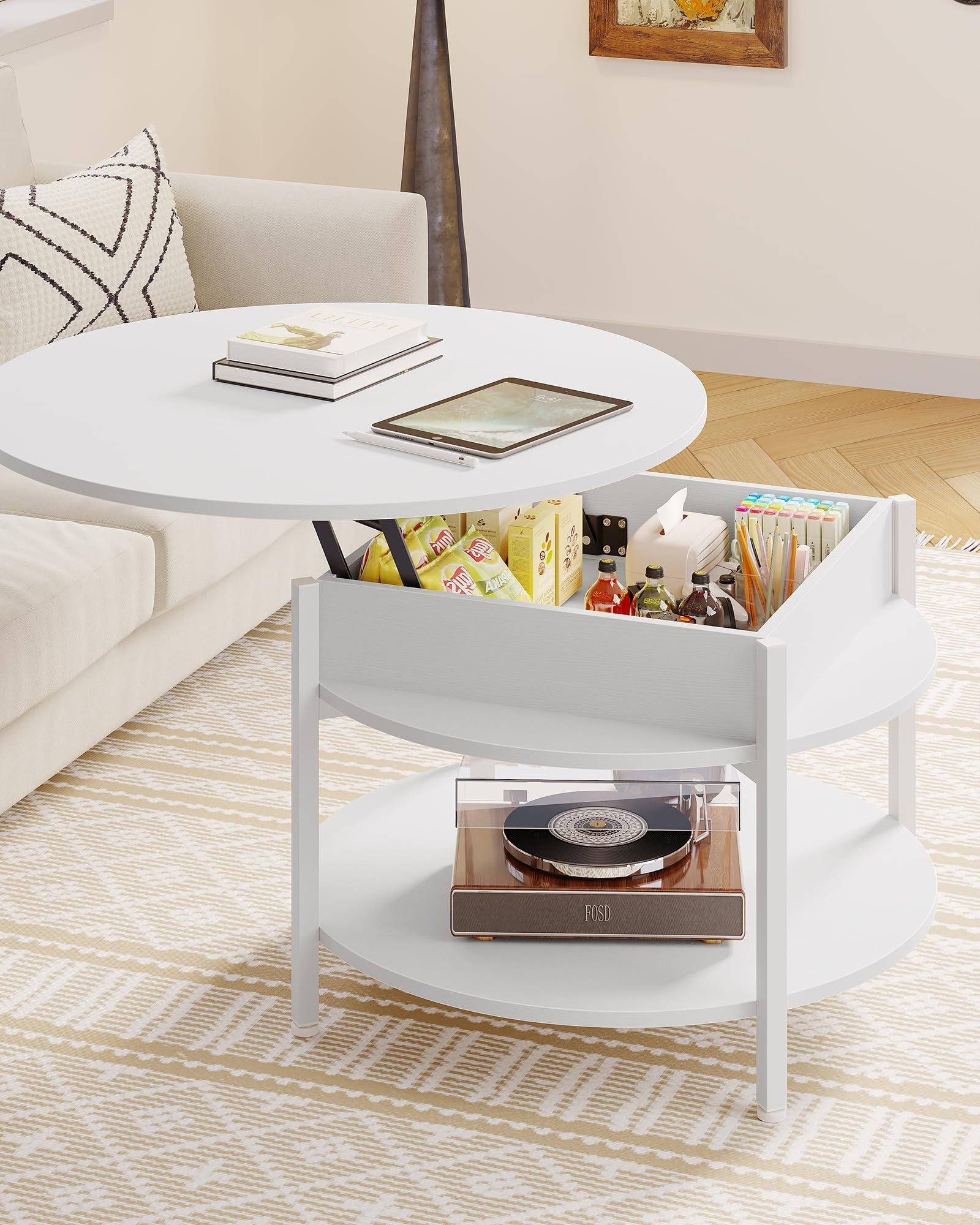 MSMASK Couchtisch Rund, höhenverstellbarer Kaffeetisch mit Verstecktem Stau günstig online kaufen