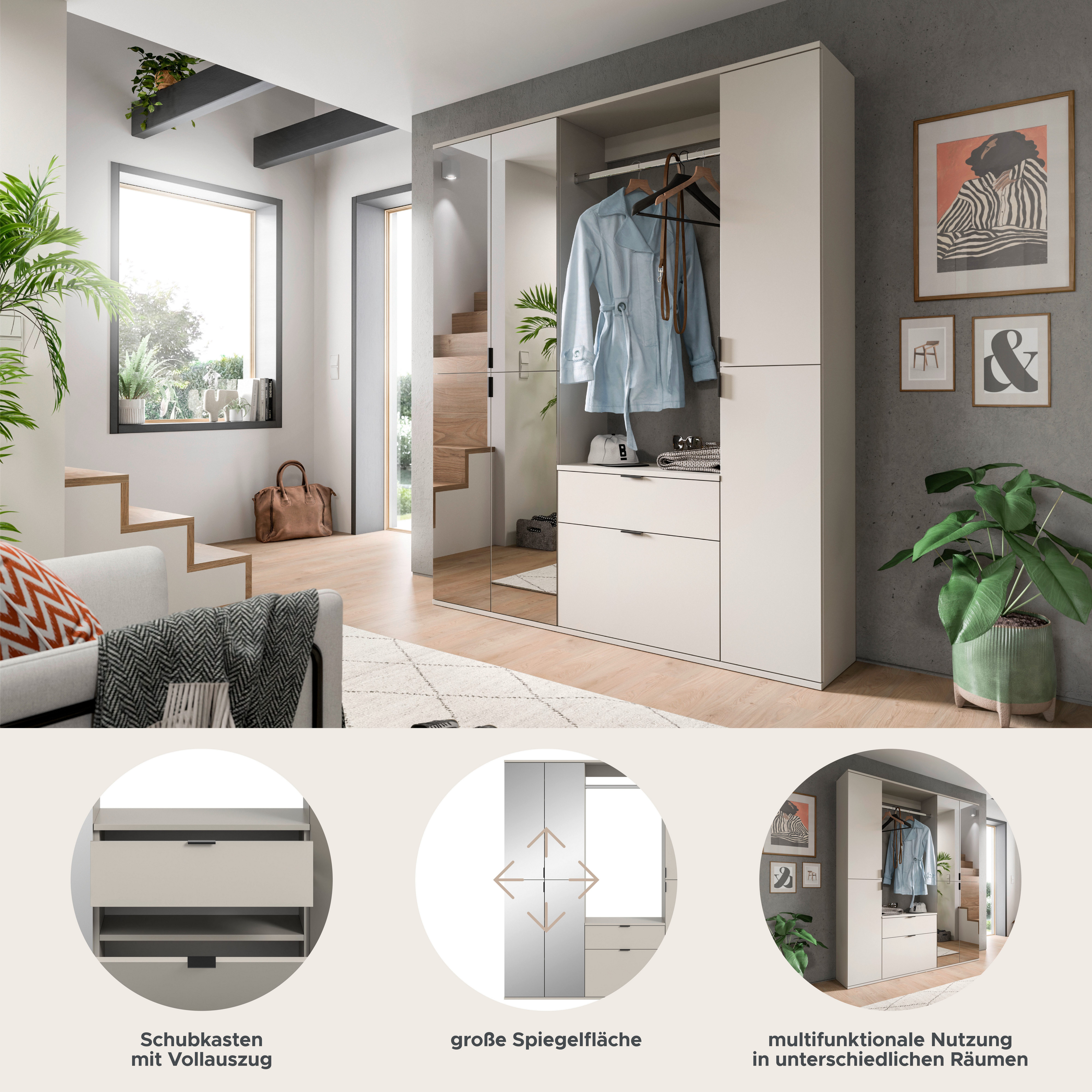 Home affaire Garderoben-Set TRONDHEIM, 5-teilig, Breite 152cm, individuell platzier- & erweiterbar, (Set, 4-St., bestehend aus: 2x Garderobenschrank & 3-tlgs. Zwischenbauelement), Garderobenschrank, Kleiderschrank, Schrankkombination, Garderobe