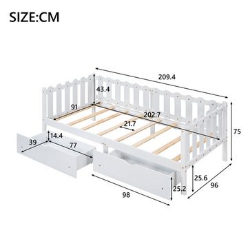 Flieks Einzelbett (mit 2 Schubladen und Lattenrost), Kinderbett Massivholzbett Tagesbett 90x200cm