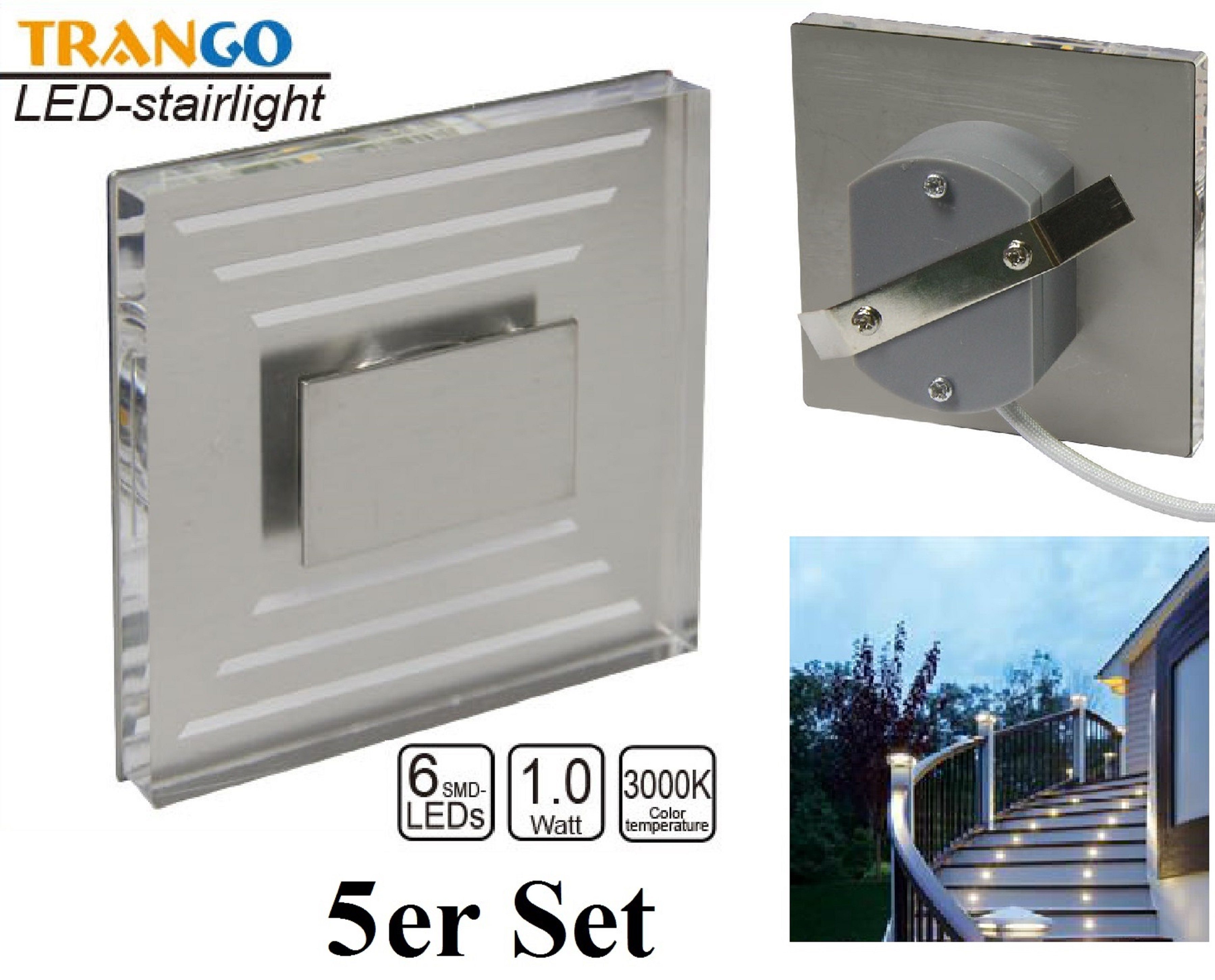 TRANGO LED Einbauleuchte, 5er Set SL-053 LED Design Wandleuchte *SOFIE* Transparent Eckig - Wand- & Treppenleuchte IP44 für Innen und Außen inkl. 1x je 1 Watt LED Modul - warmweiß 3000K beliebig erweiterbar – direkt 230 Volt, Treppenbeleuchtung, Stufen-Beleuchtung