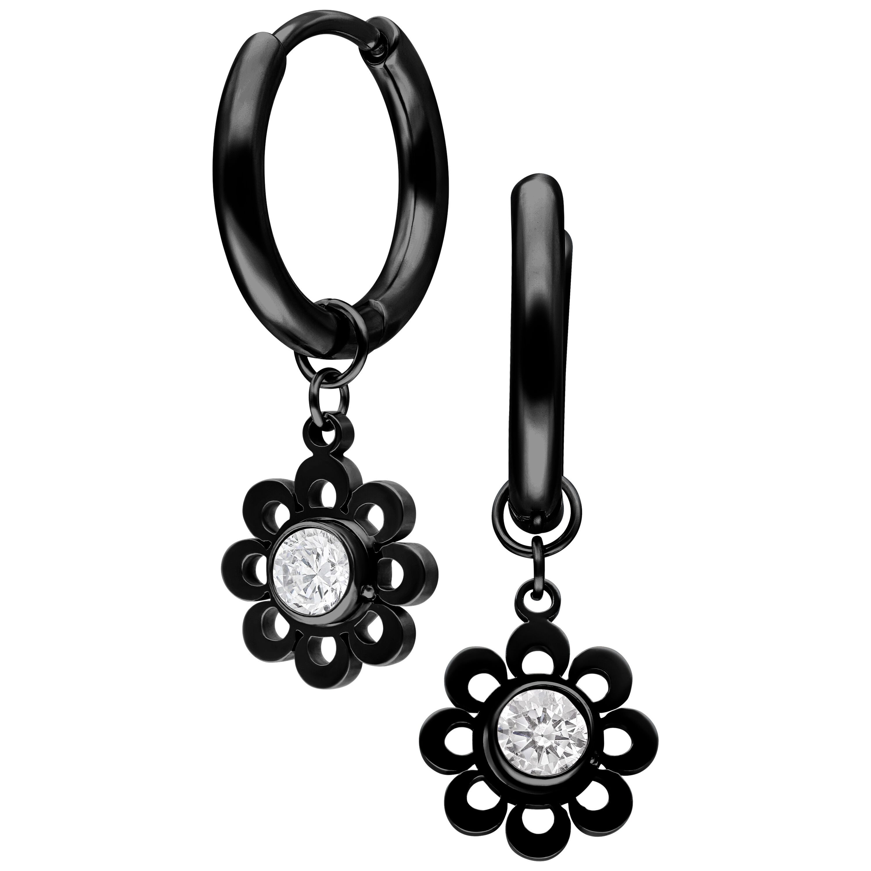 Paar Ohrhänger Mini Crystal Flower Hoops Pair - Schwarz