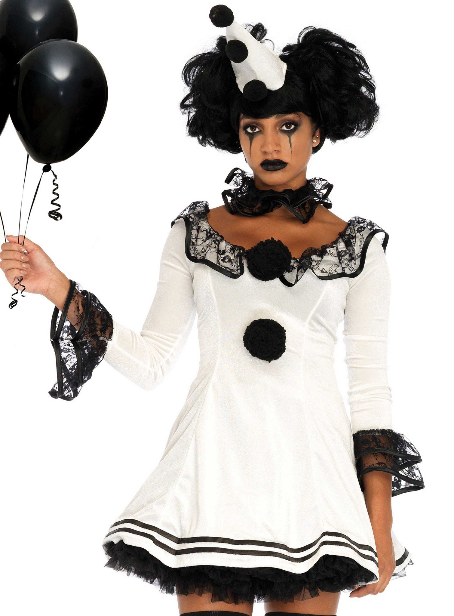 Leg Avenue Clown-Kostüm Pierrot Rüschenkleid - Clown Kostüm für Fasching H, Schwarz-weißes Clownkleid für monochrome Gemüter