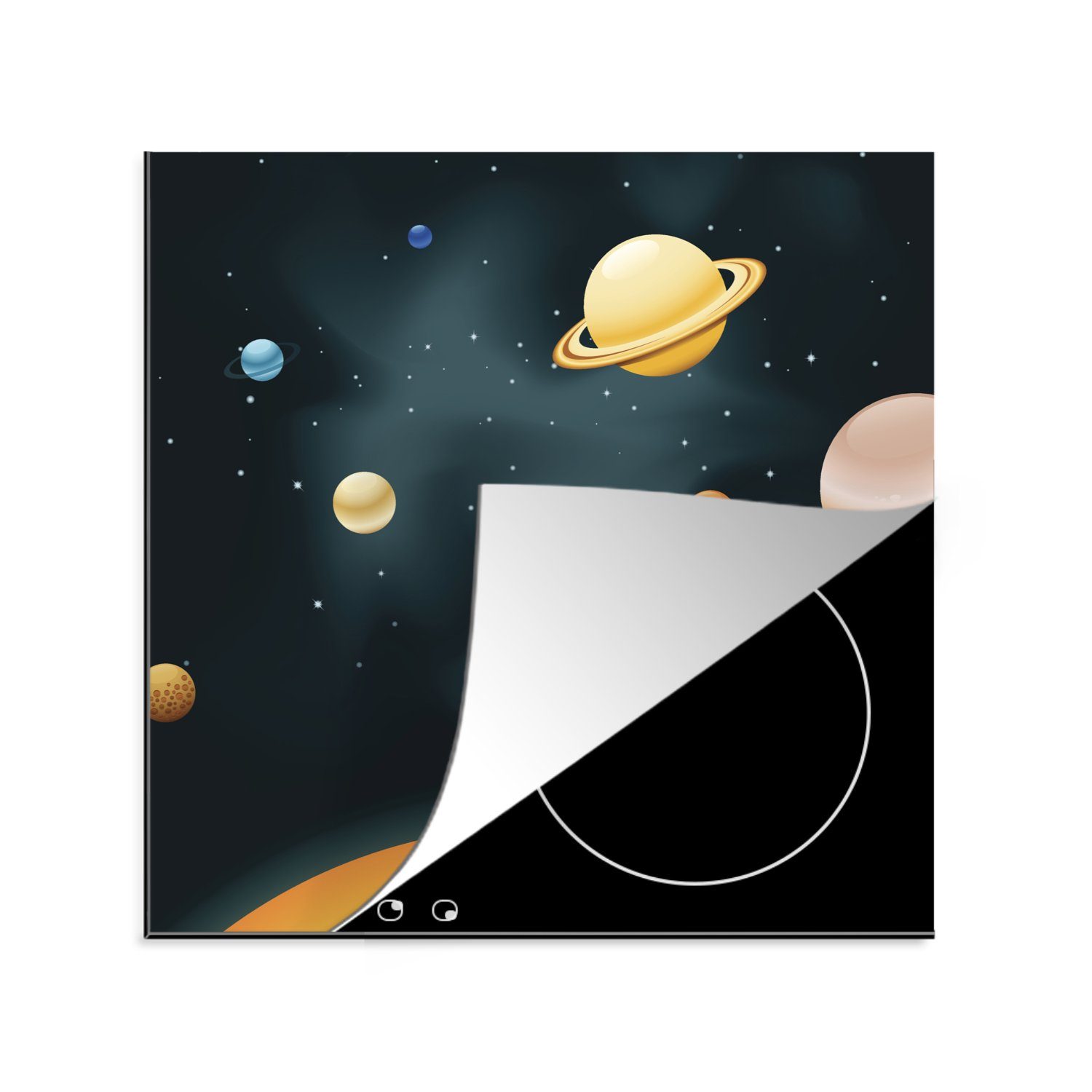 MuchoWow Herdblende-/Abdeckplatte Eine Illustration des Sonnensystems mit unserem Planeten, Vinyl, (1 tlg), 78x78 cm, Ceranfeldabdeckung, Arbeitsplatte für küche