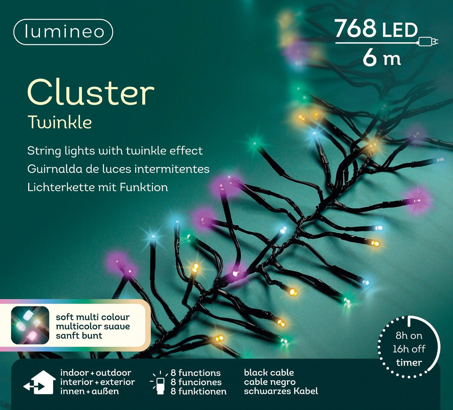 Lumineo LED-Lichterkette Lumineo Lichterkette Cluster 768 LED 7 m Sanftes Bunt, schwarzes Kabel, Dimmbar, Timer, Indoor, Outdoor