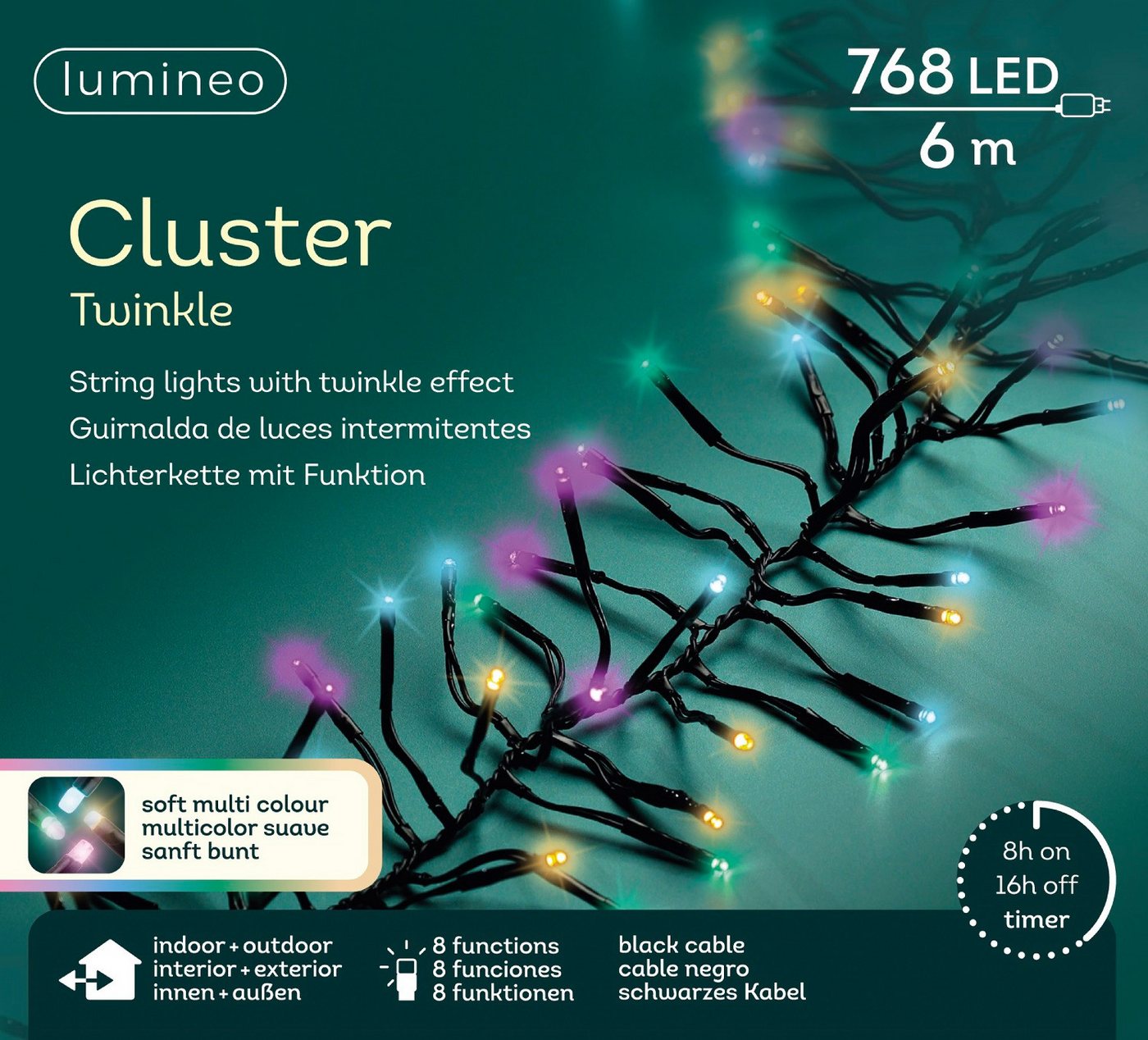 Lumineo LED-Lichterkette Lumineo Lichterkette Cluster 768 LED 7 m Sanftes Bunt, schwarzes Kabel, Dimmbar, Timer, Indoor, Outdoor