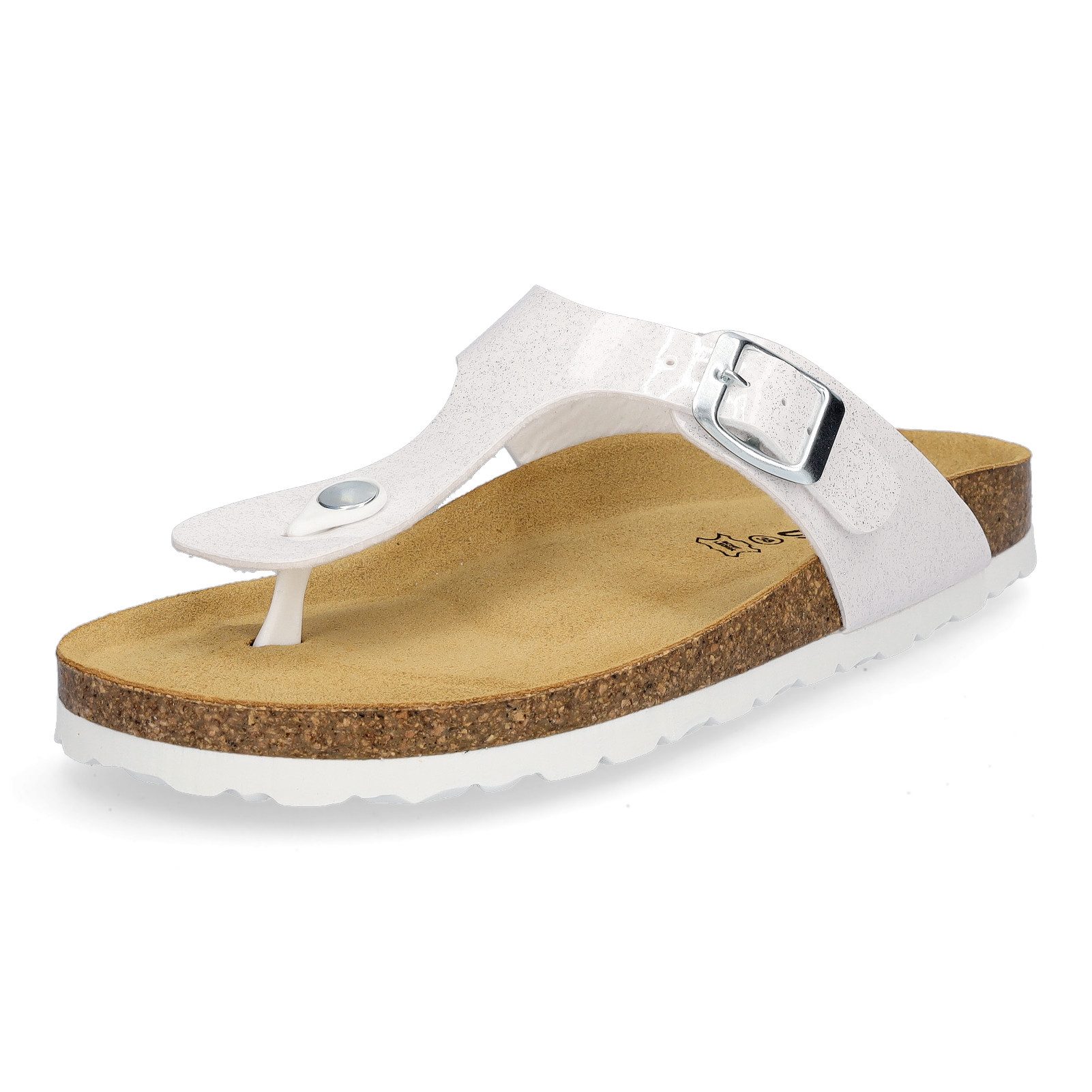 MIDS MIA Damen Pantolette weiß Glitzer, Zehentrenner mit Lederfußbett, Schnalle und Korksohle