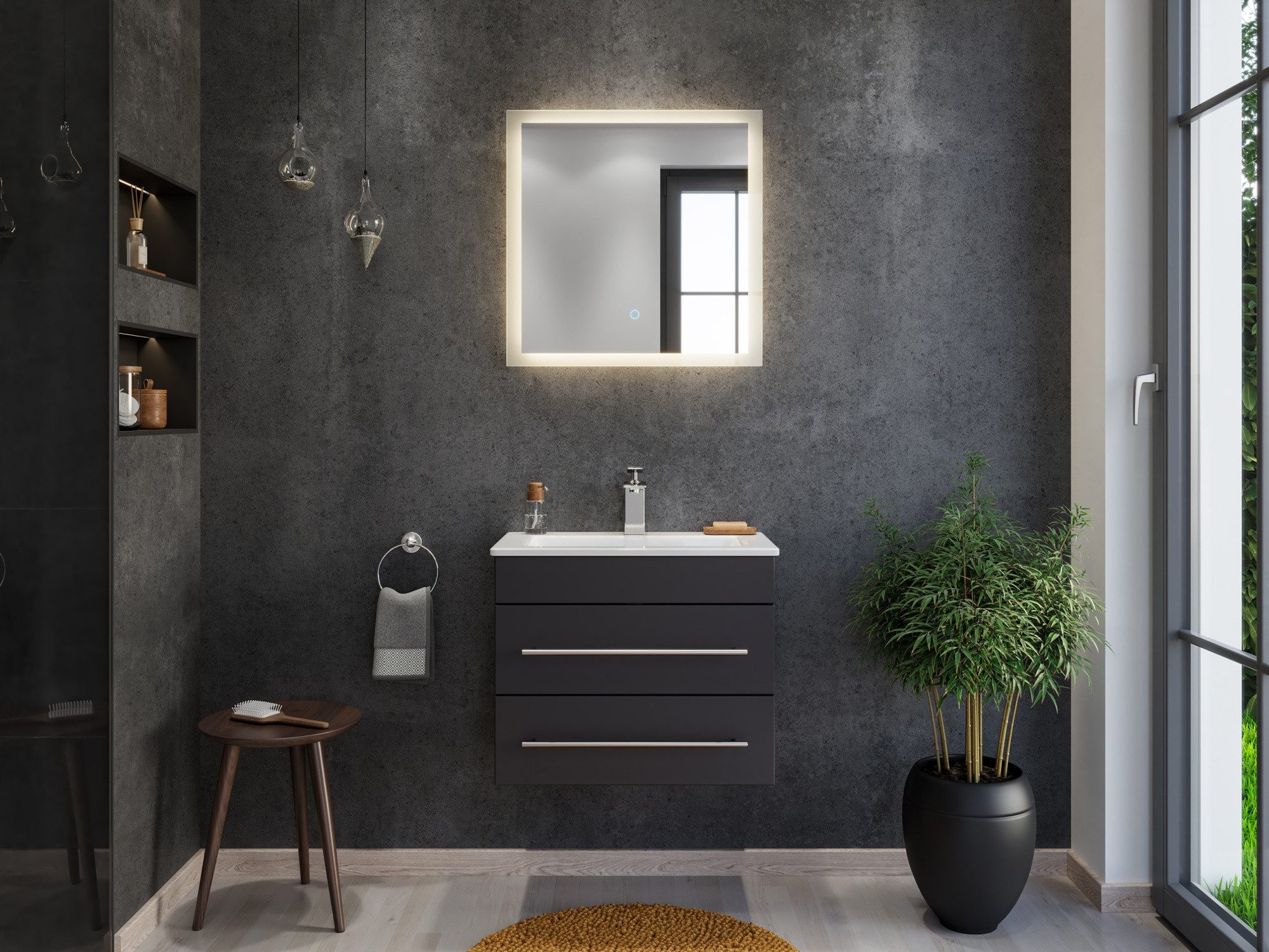 Magnolia Home Waschtisch Badmöbel Mars 600 2-teilig mit LED Spiegel SlimLine anthrazit