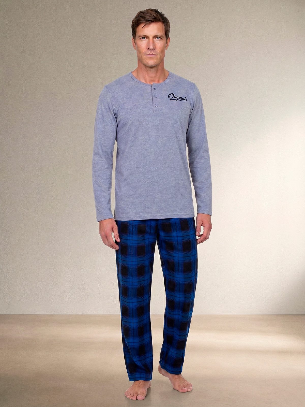 Henry Terre Pyjama Langarm - Karo Hose Shirt Unifarben mit Schriftzug Knopfleiste