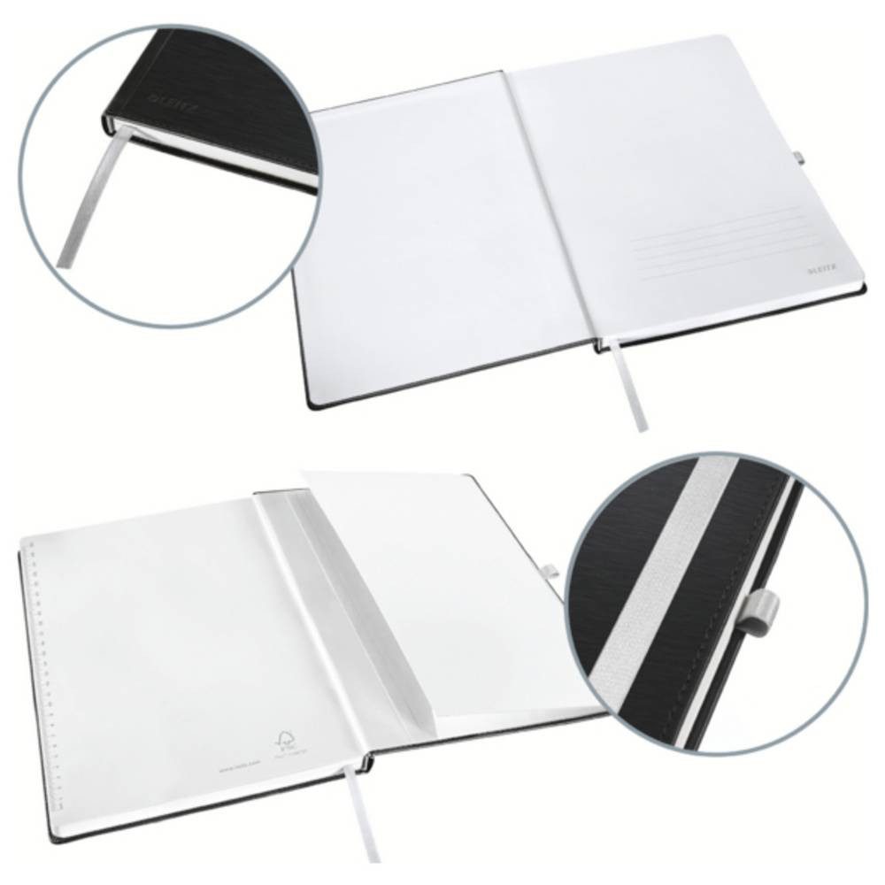 LEITZ Notizbuch 44521094 Notizblock blanko Satin Schwarz Anzahl der Blätter: 80 DIN A5, Gummibandverschluss, Innentasche (Rückseite), Stiftschlaufe, Hardcover