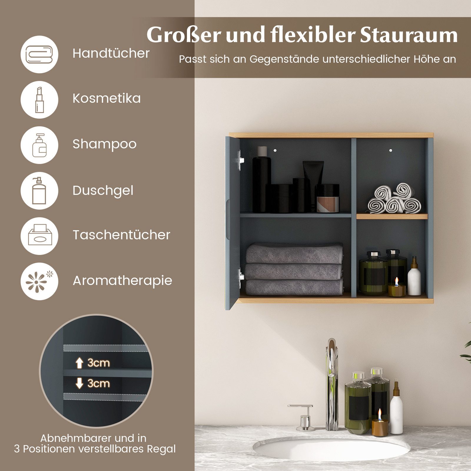 KOMFOTTEU Spiegelschrank Badschrank mit 3 verstellbaren Einlegeböden & 2 offenen Fächern