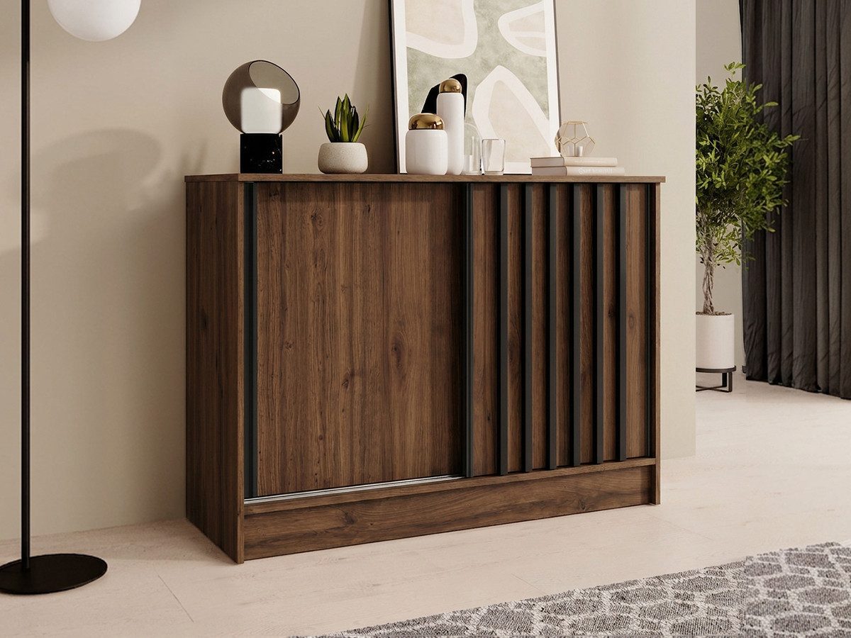 Beautysofa Kommode mit 2 Schiebetüren HORIZON (in 100 cm, 120 cm oder 160 cm, verschiedene Farben: Eiche Artisan, Schwarz, Weiß, Kaschmir), mit dekorativen Lamellen