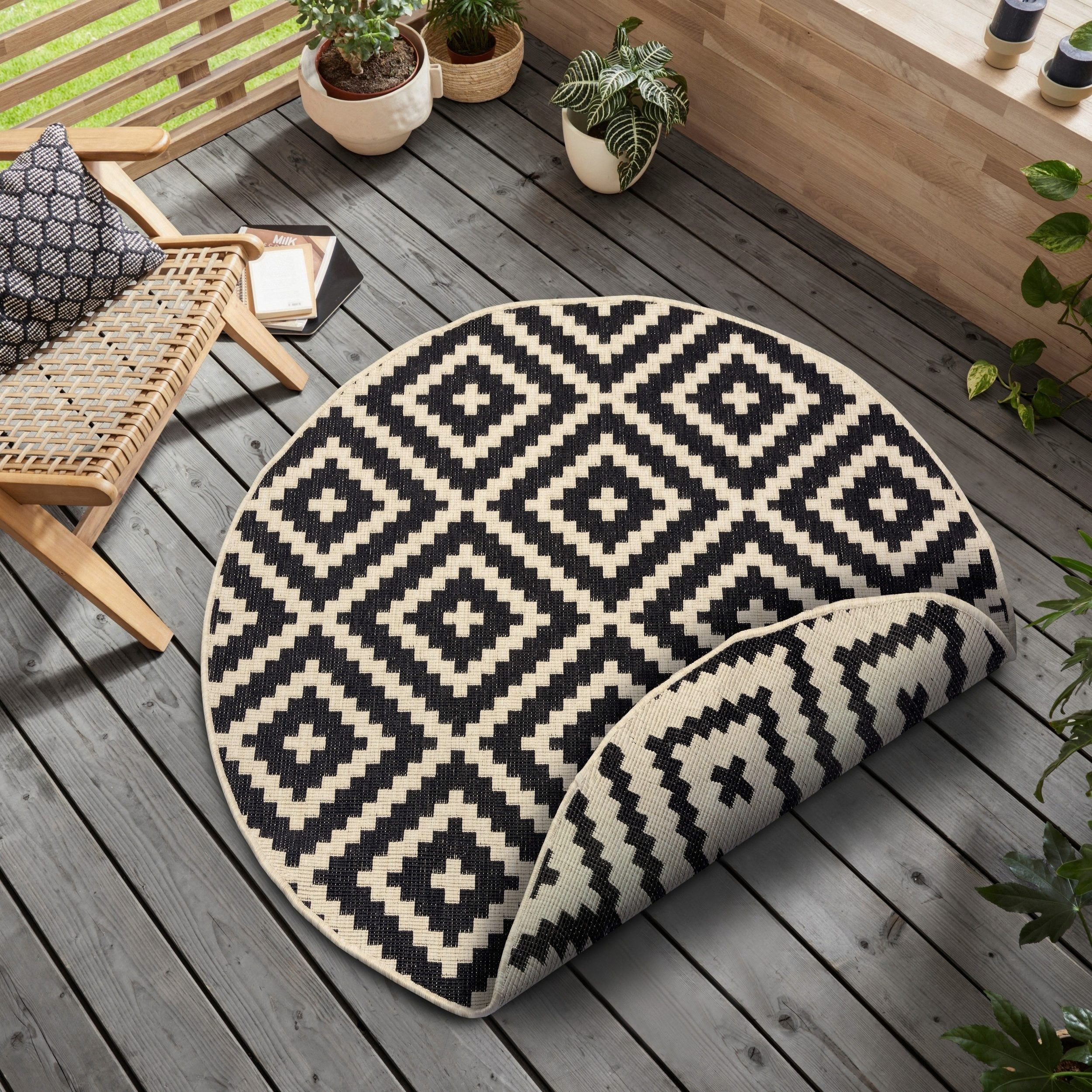 OTTO home Teppich Ronda Wendeteppich, rund, Höhe: 5 mm, Sisal-Optik, Flachgewebe, In- und Outdoor, geometrisches Boho Design