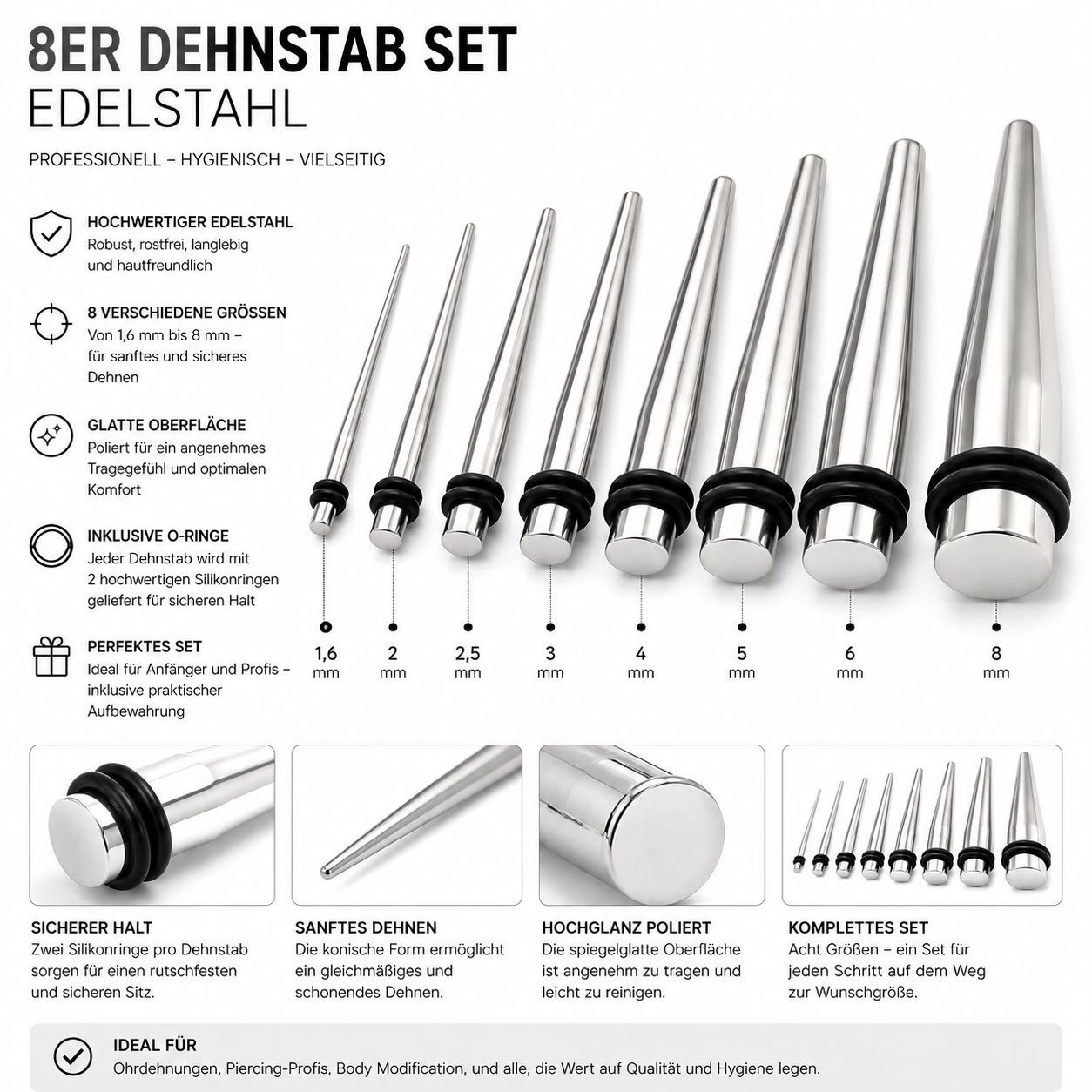 Taffstyle Dehnungsstab 8er Set Dehnset Edelstahl Ohr Expander Piercing Taper Set (8 Dehnstäbe aus Edelstahl mit je zwei Silikonringen in 8 Größen von 1,6 mm bis 8 mm für sanftes und kontrolliertes Dehnen)