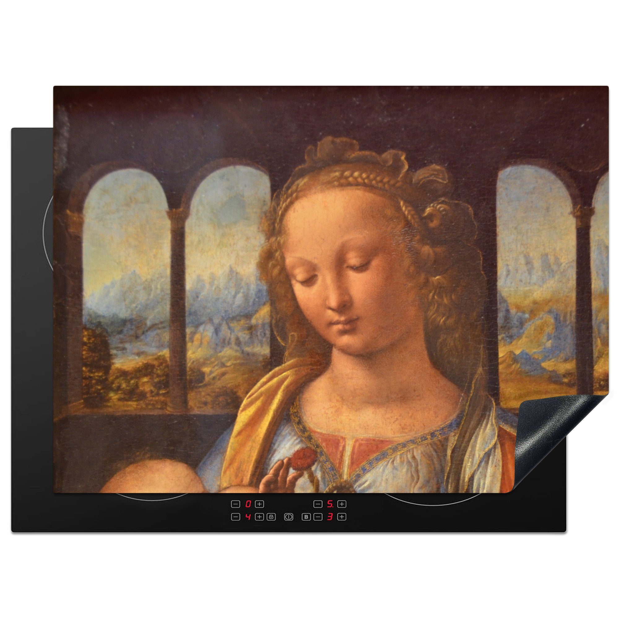 MuchoWow Herdblende-/Abdeckplatte Madonna mit der Nelke - Leonardo da Vinci, Vinyl, (1 tlg), 70x52 cm, Mobile Arbeitsfläche nutzbar, Ceranfeldabdeckung