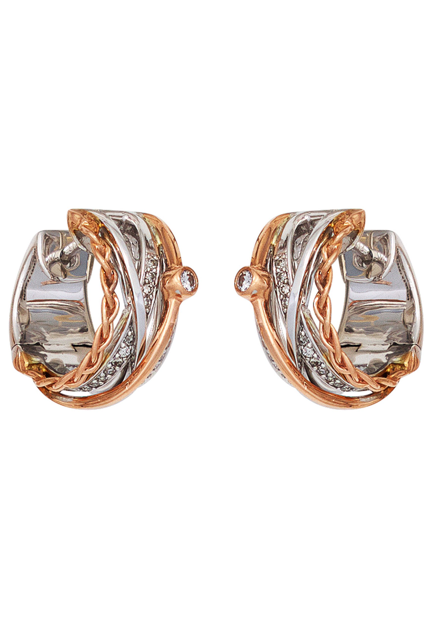 JOBO Paar Creolen Ohrringe Goldohrringe 15 mm, 585 Gold bicolor mit 52 Diamanten