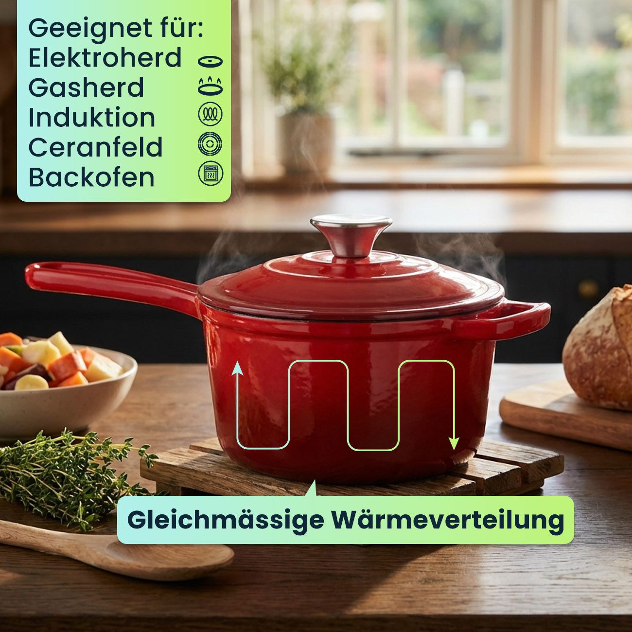 Casativo Kasserolle Gusseisen Stielkasserolle mit Deckel Rot, Ø 17cm, 1,6 L, Saucentopf für alle Herdarten & Induktion
