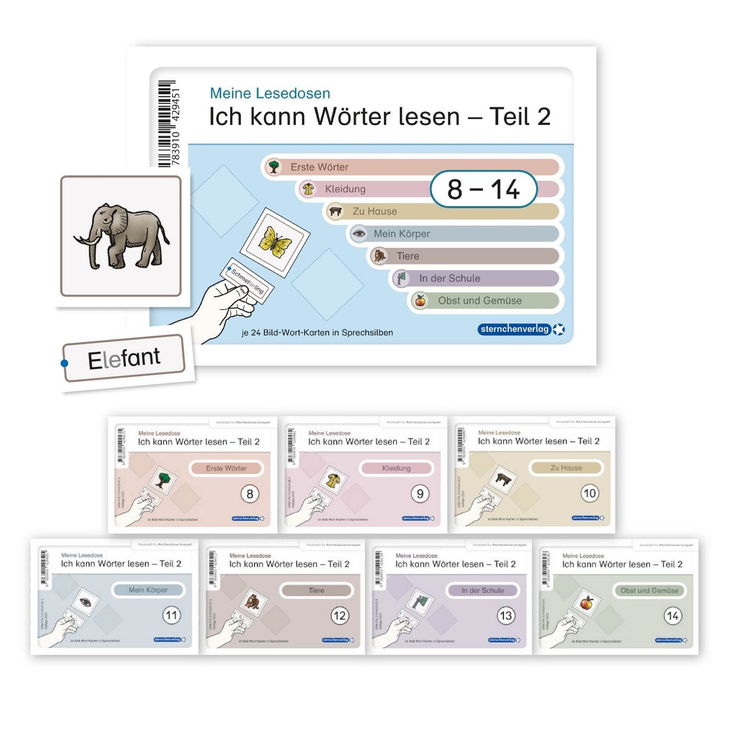 Ich kann Wörter lesen - Teil 2 - Meine Lesedosen 8-14 im Set / Sternchenverlag GmbH, 7 Lesedosen mit jeweils 24 Bild-Wort-Karten