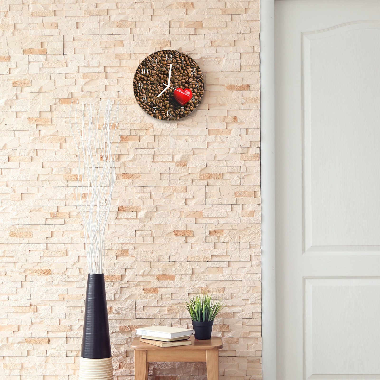 Primedeco Wanduhr Wanduhr aus Kaffeebohnen mit Quarzuhrwerk Stein mit Herz Motiv und Rund - auf 30 Durchmesser Glas aus cm