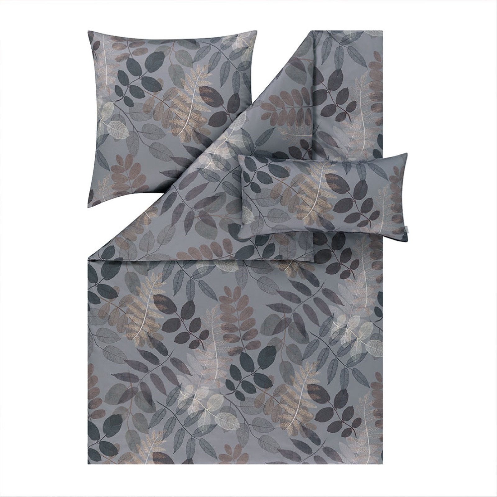 Estella Bettwäsche Estella Mako-Satin Bettwäsche 200x200 Malou grau silber braun Blätter, Mako-Satin, 3 teilig, für Sommer und Winter