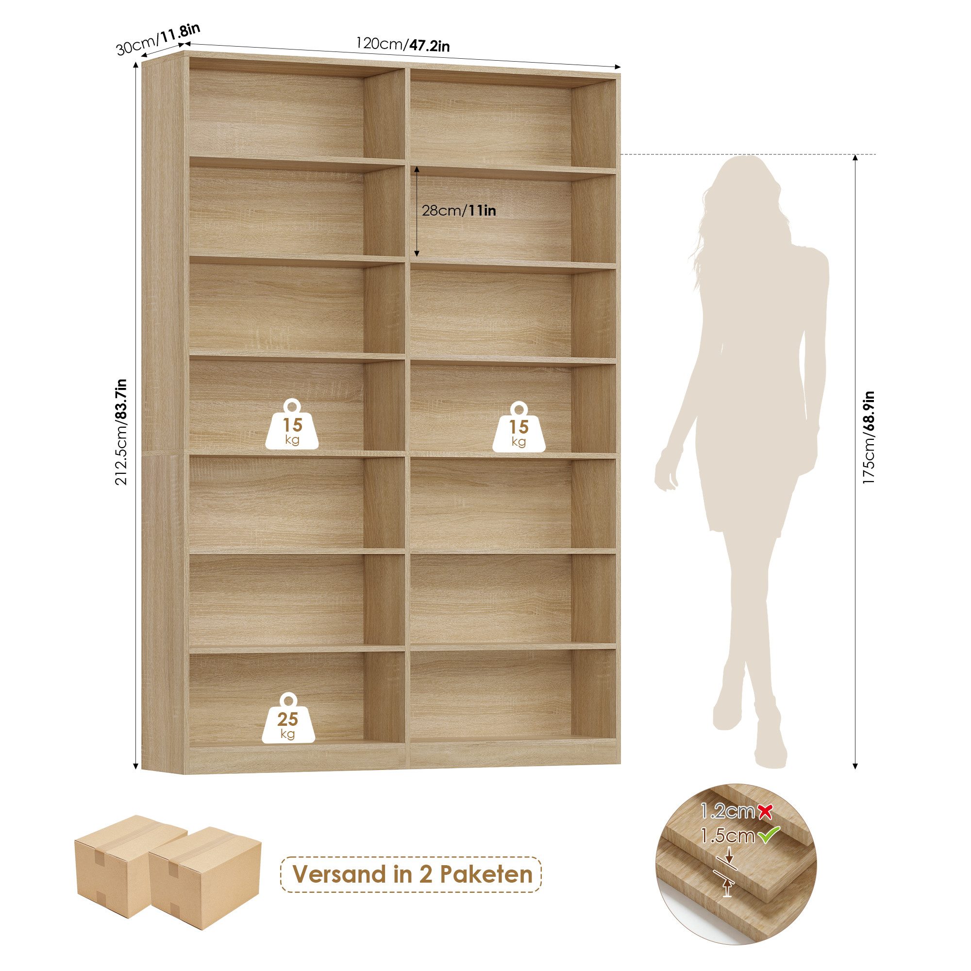 Homfa Bücherregal 212,5 cm hoch Standregal Bücherschrank Regal, mit 14 Fächern Raumteiler Aufbewahrungsregal 120x30x212,5 cm eiche