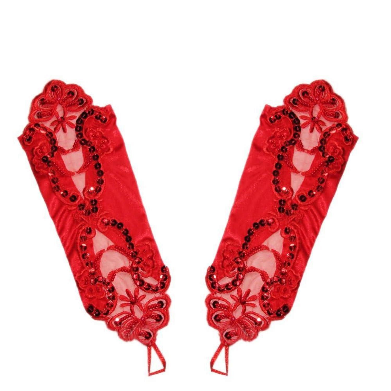 LuxusKollektion Abendhandschuhe Handschuhe Damen Spitze Rot Fingerlos Band (1-St)