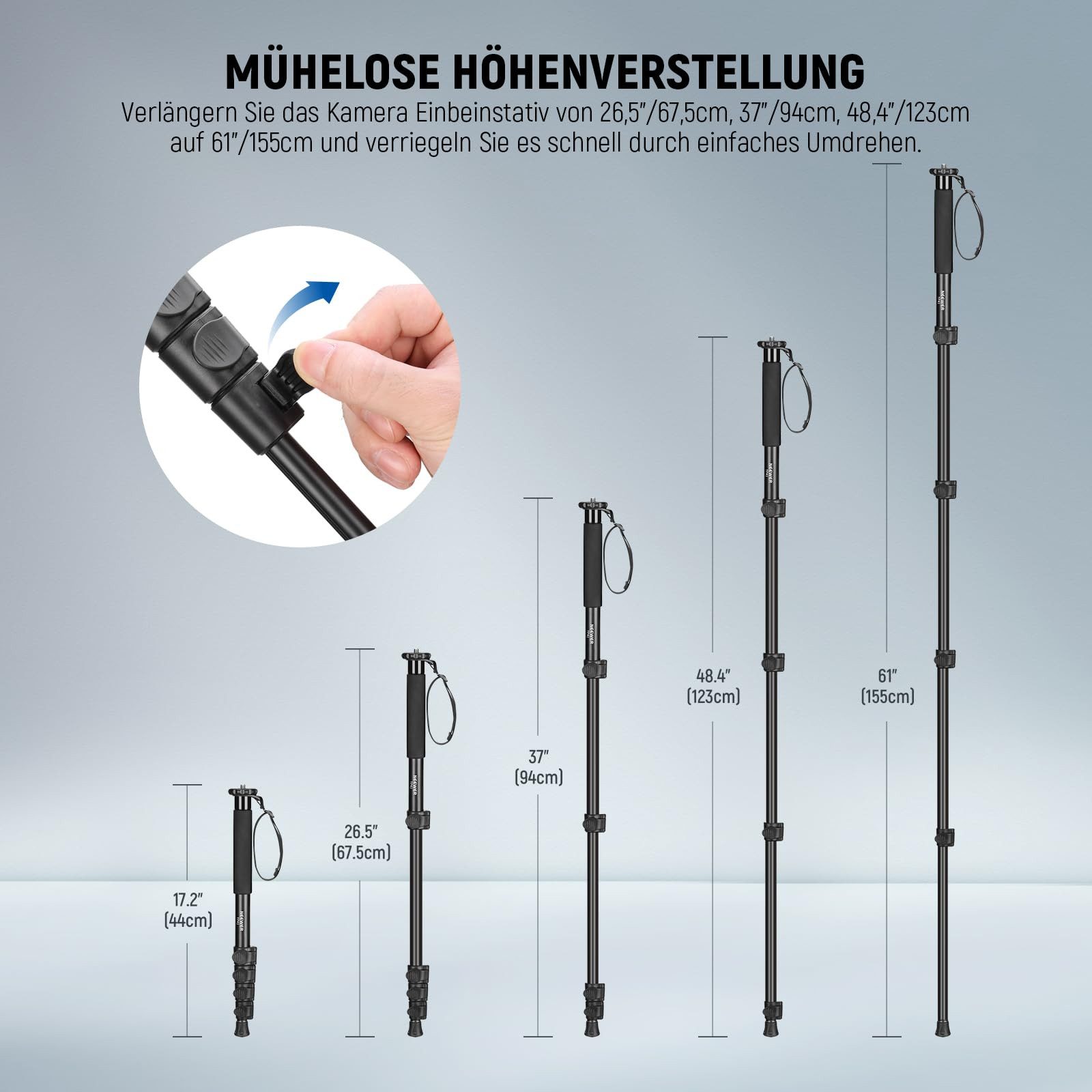 Neewer TP41 Einbeinstativ 155cm für DSLR Kameras, max. 8kg Einbeinstativ (höhenverstellbar von 67.5 bis 155 cm)