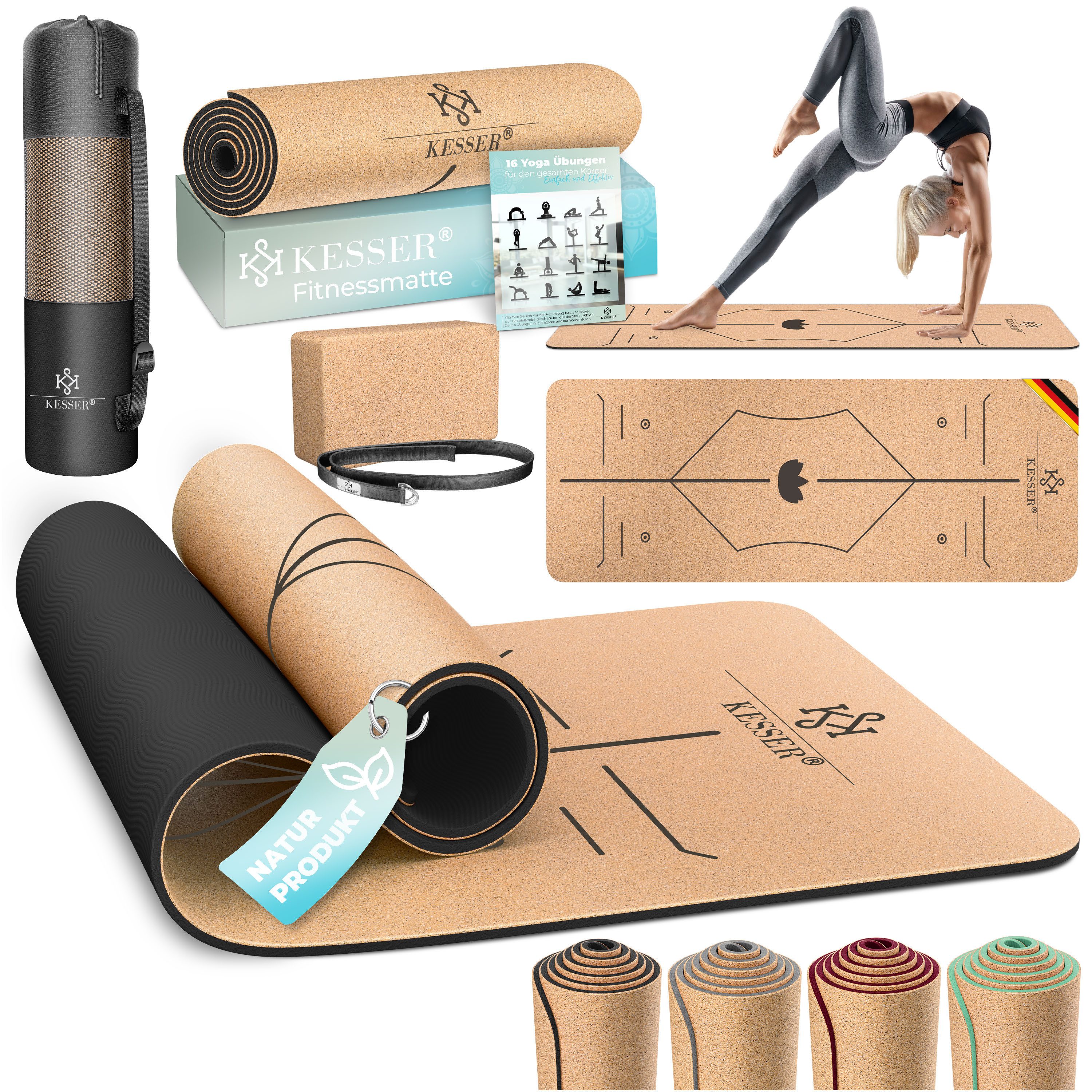 KESSER Yogamatte, Fitnessmatte Kork mit Tragegurt & Tasche Gymnastikmatte Trainingsmatte