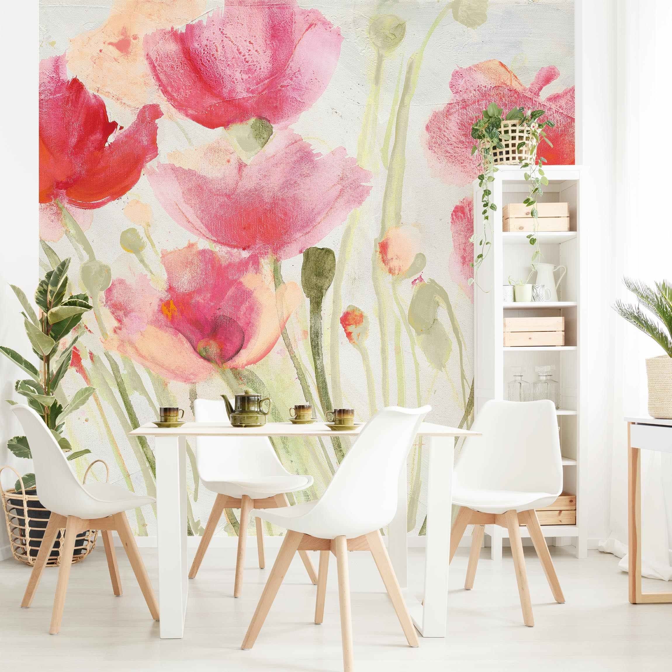 Bilderdepot24 Fototapete Mohnblumen Sommerwind Aquarell Floral günstig online kaufen