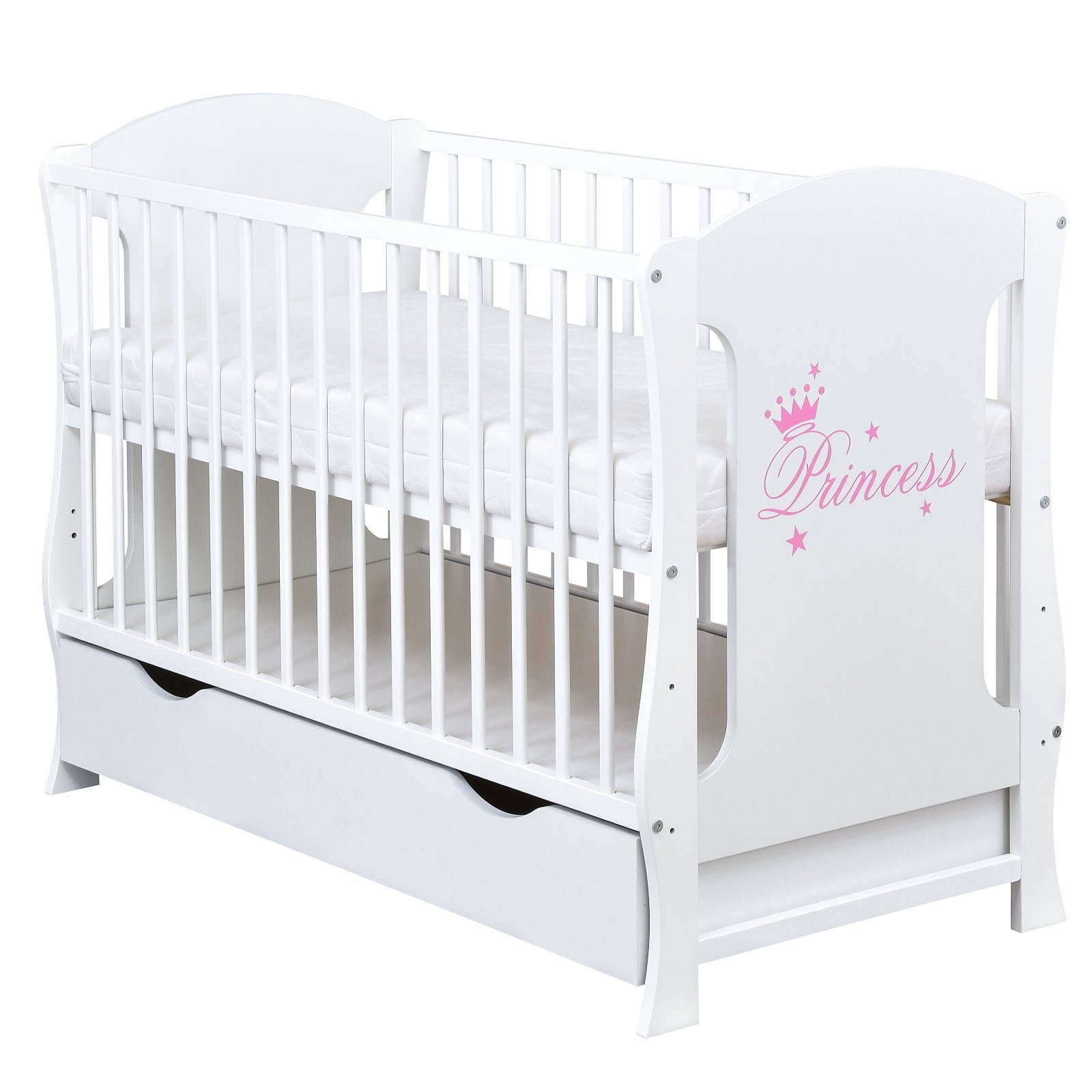 Baby-Delux Babybett Lia Princess, Kinderbett 60x120 cm weiß Schublade Kiefer Princess Motiv Matratze