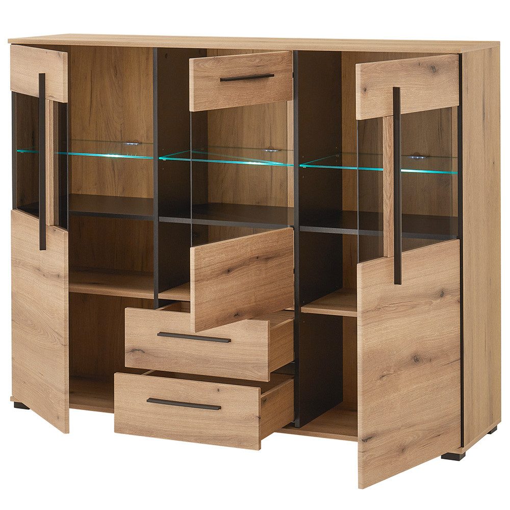 Lomadox Highboard COLORADO-61, Highboard inkl. LED Beleuchtung 160 cm breit in Eiche Nb.
