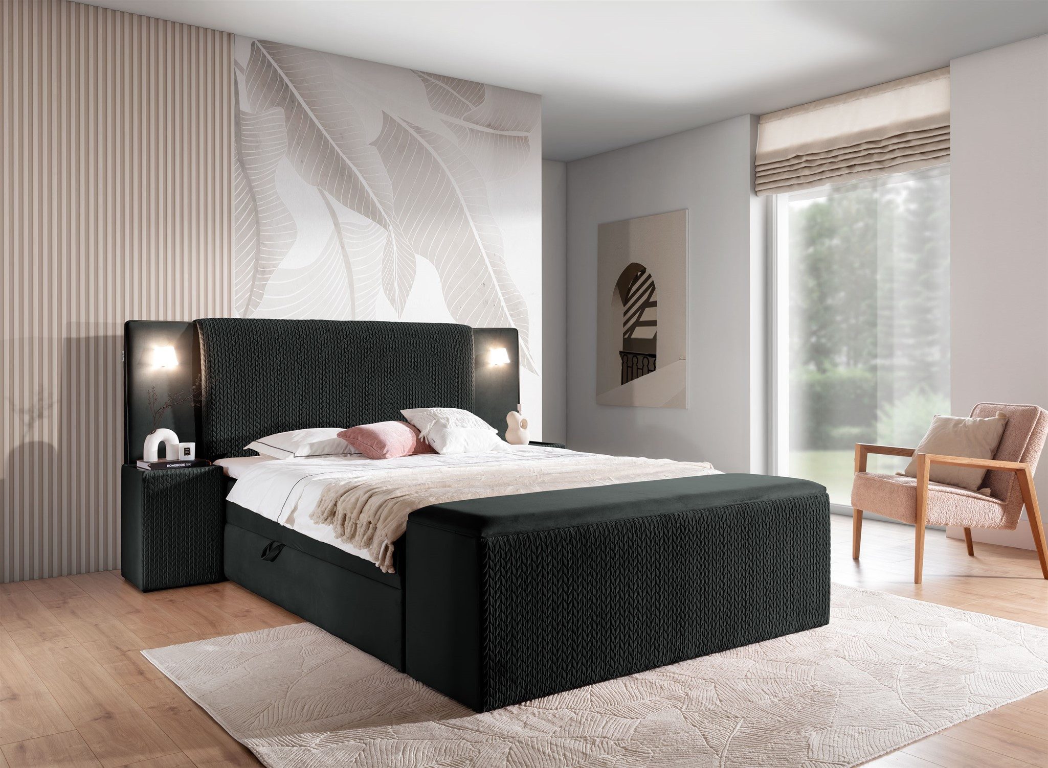 Fun Möbel Boxbett Bett MARTEN Überlänge in Stoff Magic Velvet Set.4 (inkl. Bettkästen und Kaltschaumtopper, inkl. Polsterhocker mit Stauraum und 2 x Nachttische), Ambiente-Beleuchtung mit Touch Funktion im Kopfteil