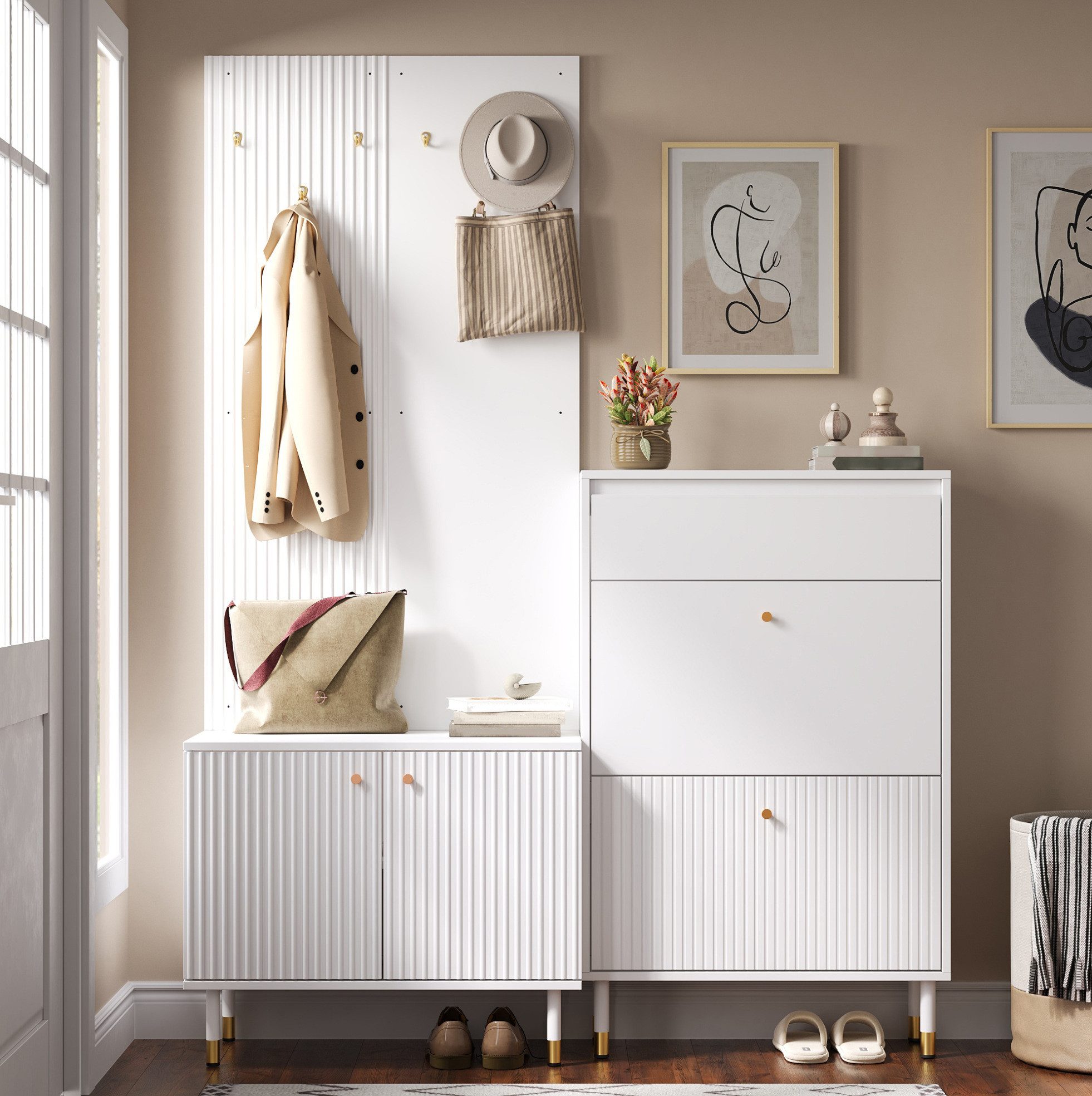 OKWISH Garderoben-Set Kompakte Flurmöbel mit Stauraum, Haken & Schubladen, (2-St., Weiß, Schuh 65×104×24 cm / Garderobe 70×180×35 cm), 6 Haken, 2 Türen, kombinierbar, Spanplatte+MDF