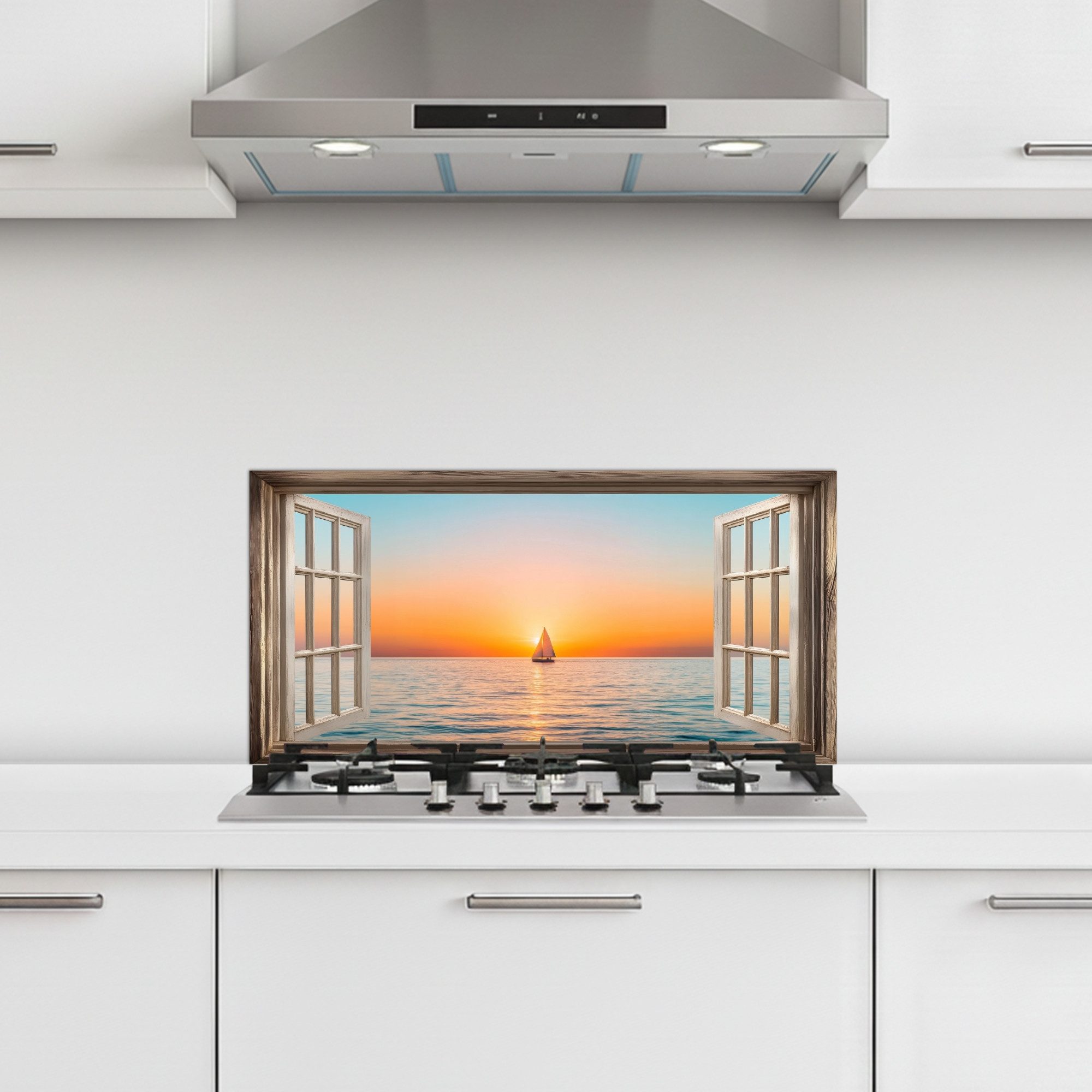 KitchenYeah selbstklebend (keine Folie) Transparenter Blick - Meer - Boot - Sonnen, (1-tlg), Küchenrückwand, Spritzschutz, Kitchen, 60x30 cm