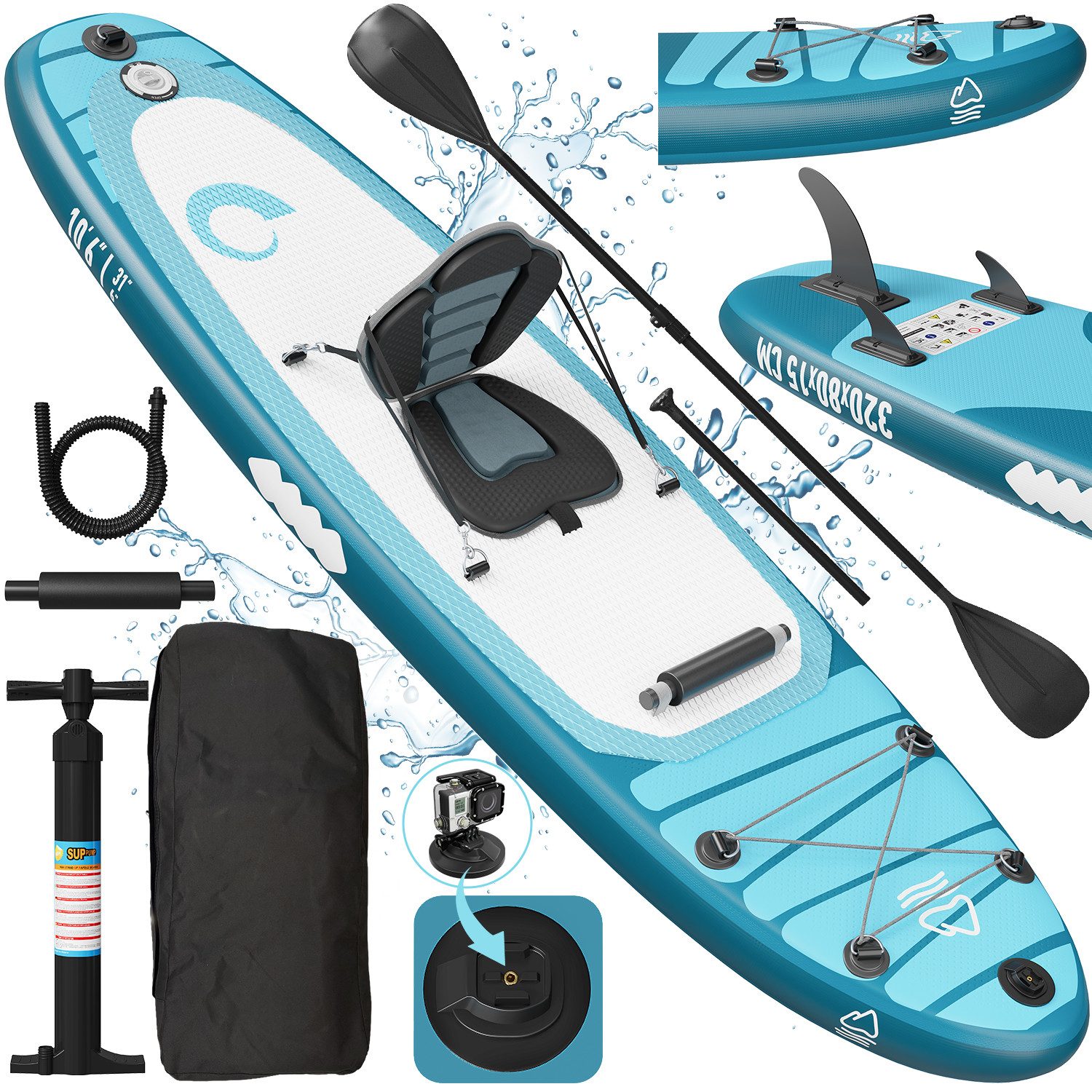 GUNJI Inflatable SUP-Board Aufblasbares 320*80*15CM stehendes Zellstoffbrett Tragfähigkeit 170KG, (Mit Kajaksitz, Rucksack, Pumpe, Doppelpaddeln, Sportkamerahalter, wasserdichter Handytasche, ideal zum Surfen, Angeln)