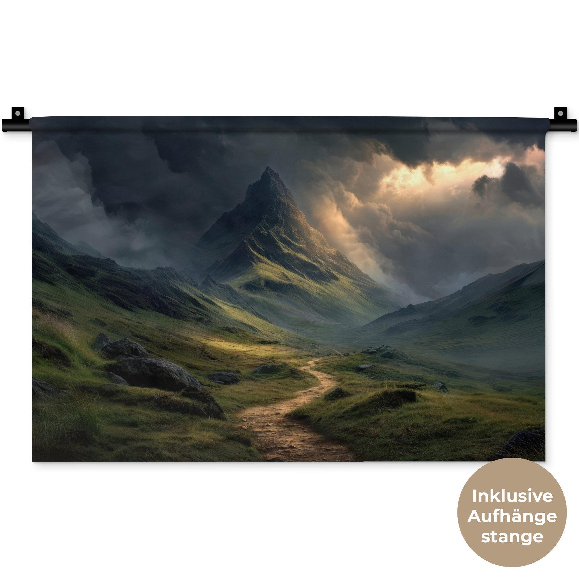 MuchoWow Wandteppich Berge - Gewundener Pfad - Grün - Wolken, Rechteckig, Höhe: 3 mm, Wandteppich für Wohnzimmer, Schlafzimmer, 60x40 cm