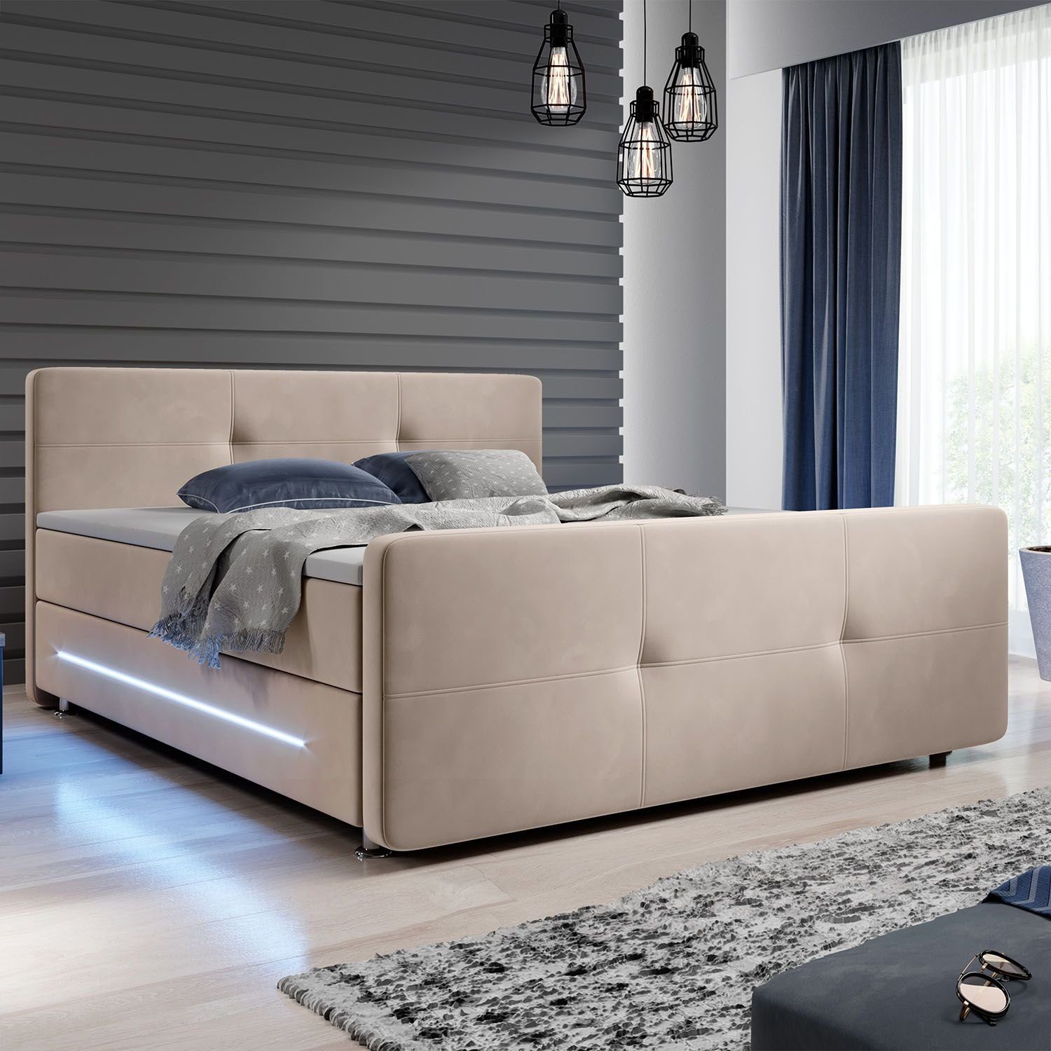 Juskys Boxspringbett Houston, 180x200 cm, Bonell-Federkernmatratzen, Topper, LED-Beleuchtung