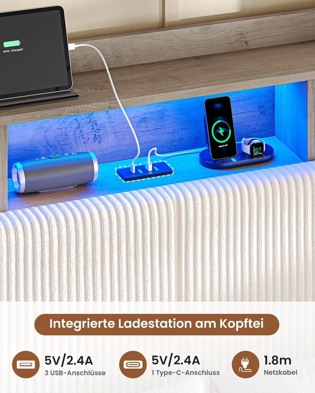 MSMASK Polsterbett Schwebebett mit 270°-LED-Beleuchtung, USB & Type-C Ladestation (Ohne Matratze), Doppelbett mit Stauraum-Kopfteil 180x200 cm – Bild 5 von 5