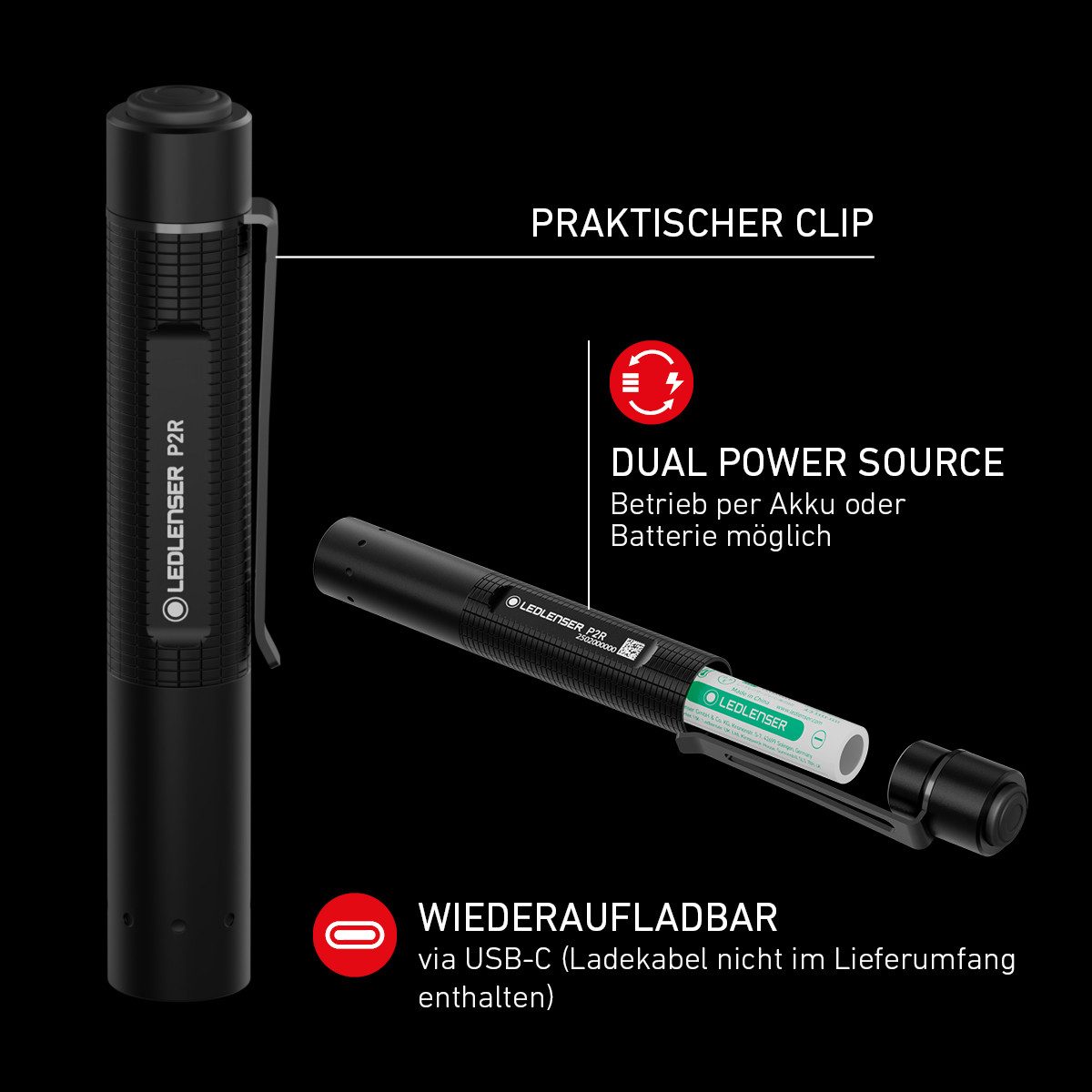 Ledlenser Taschenlampe P2R, 200 Lumen, 90m, IP54, 8h Laufzeit, USB-C
