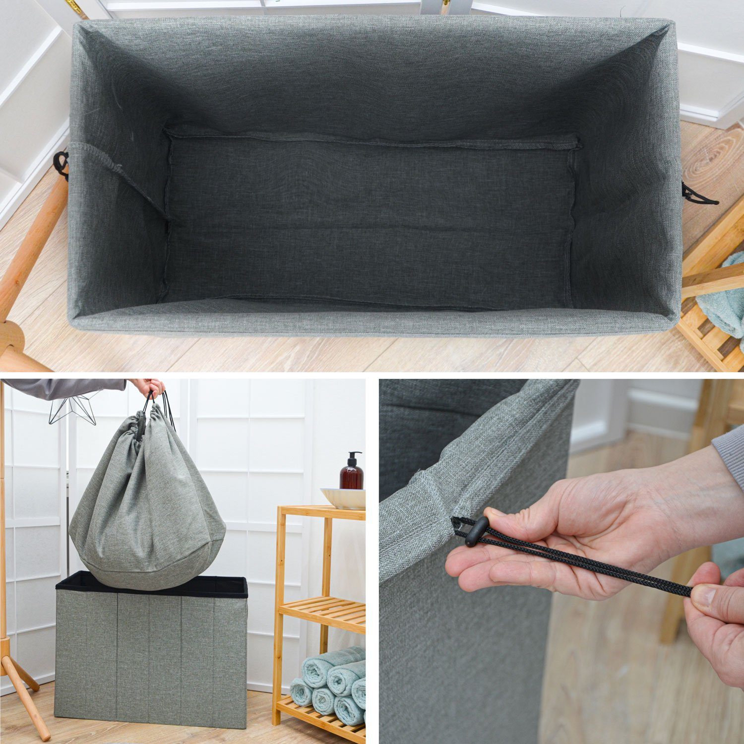 DuneDesign Wäschekorb mit Deckel - 85L Wäschetruhe mit Sitzbank - 62x31x46 Wäschesammler (1 St), Wäschebox Faltbar - Wäsche Aufbewahrungskorb für Schlafzimmer & – Bild 4 von 5