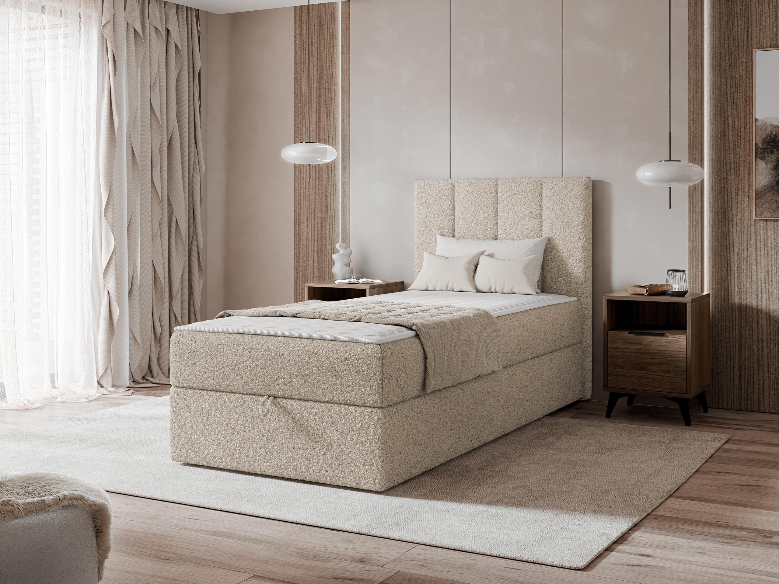 MIRJAN24 Boxspringbett Rebos Single Boucle (mit Bettkasten für die Bettwäsche), Härtegrad: H3, 80/90/100x200 cm
