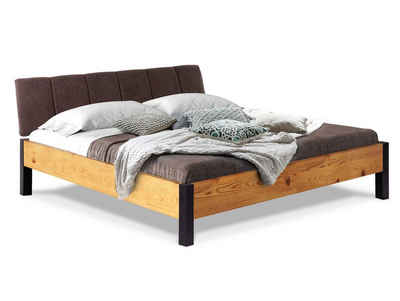 Moebel-Eins Massivholzbett, CURBY Bett Metallfuß, mit Polsterkopfteil, Material Massivholz, rustikale Altholzoptik, Fichte