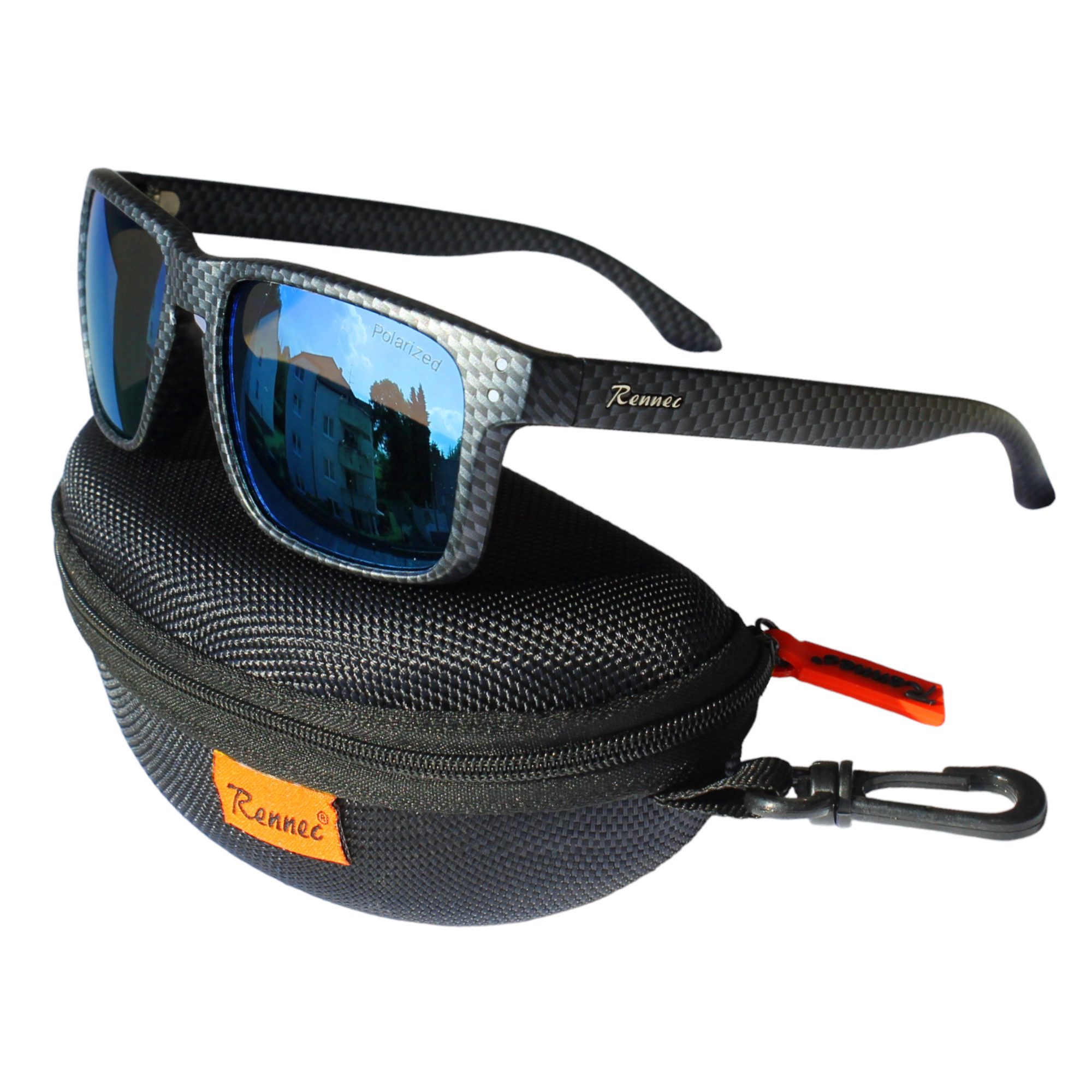 Rennec Sonnenbrille (Marken Sonnenbrille Herren Rechteckig Verspiegelt mit Hardcase) Polarisierte Gläser, Edelstahl Bügelgelenke, Carbon Optik
