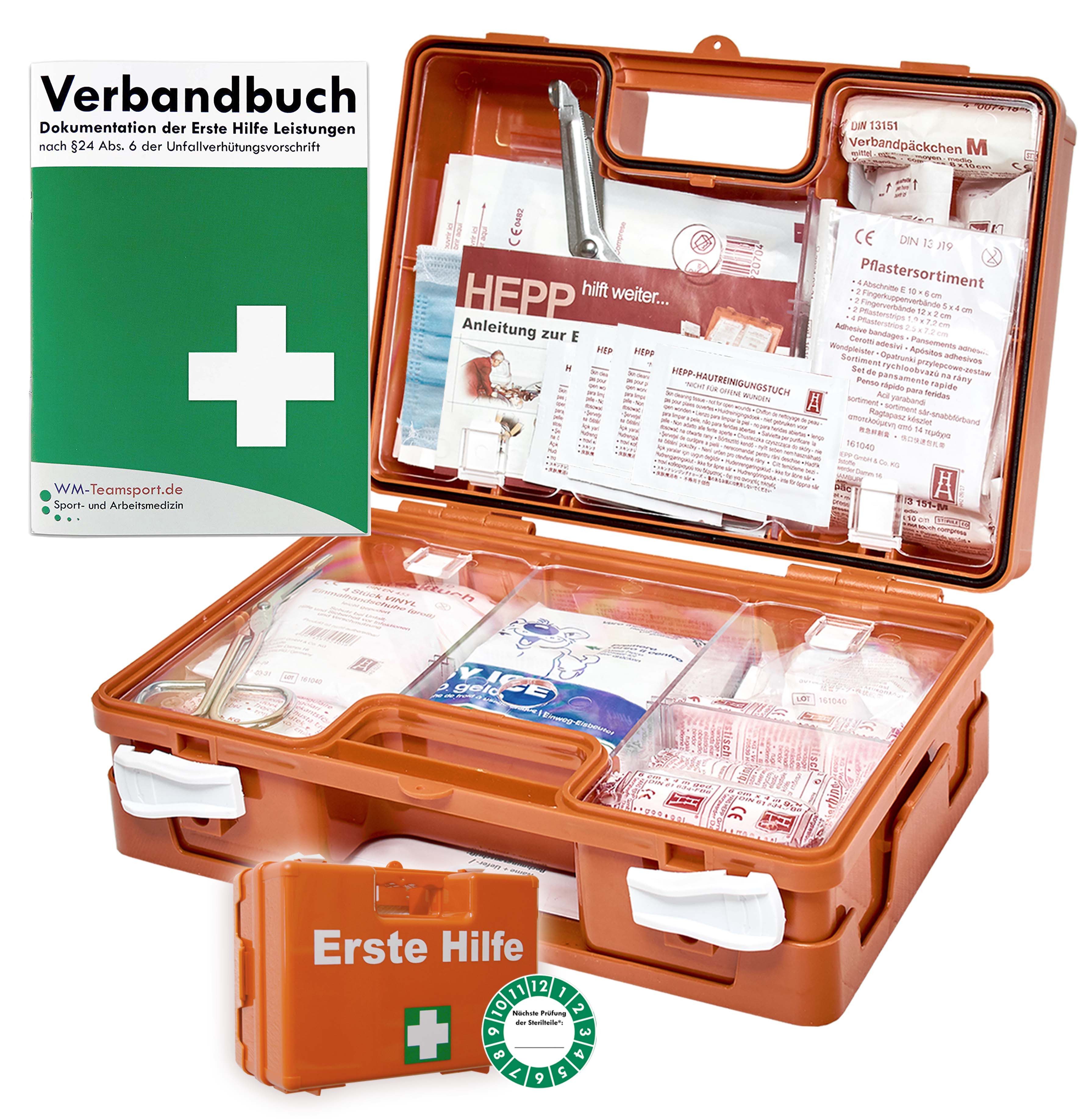 WM-Teamsport Erste-Hilfe-Koffer Verbandskasten NEUE DIN 13157 für BETRIEBE +DIN 13164 KFZ +Verbandbuch, (Haltbarkeit der Sterilteile ca. 5 Jahre), Schneller Versand incl. Rechnung mit ausgew. MWSt.