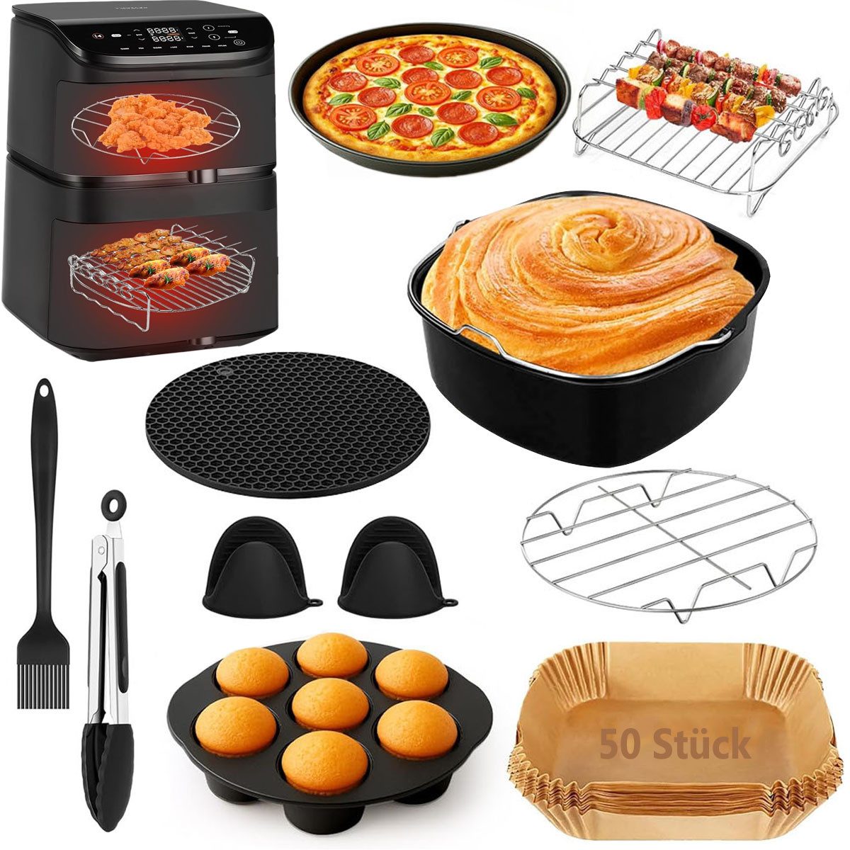 SURFOU Backform 11-tlg. Airfryer Zubehör Set für Cosori Turbo Tower Pro 5,6–7,3L, (Heißluftfritteuse Zubehör für Philips Airfryer XXL,Ninja MAX PRO AF180EU, Zubehörset mit Backform, Pizzapfanne, Grillrost, Spießständer, Silikonform, 50x Backpapier und Küchenhelfern 11-tlg), Antihaftbeschichtung, leicht zu reinigen, spülmaschinengeeignet