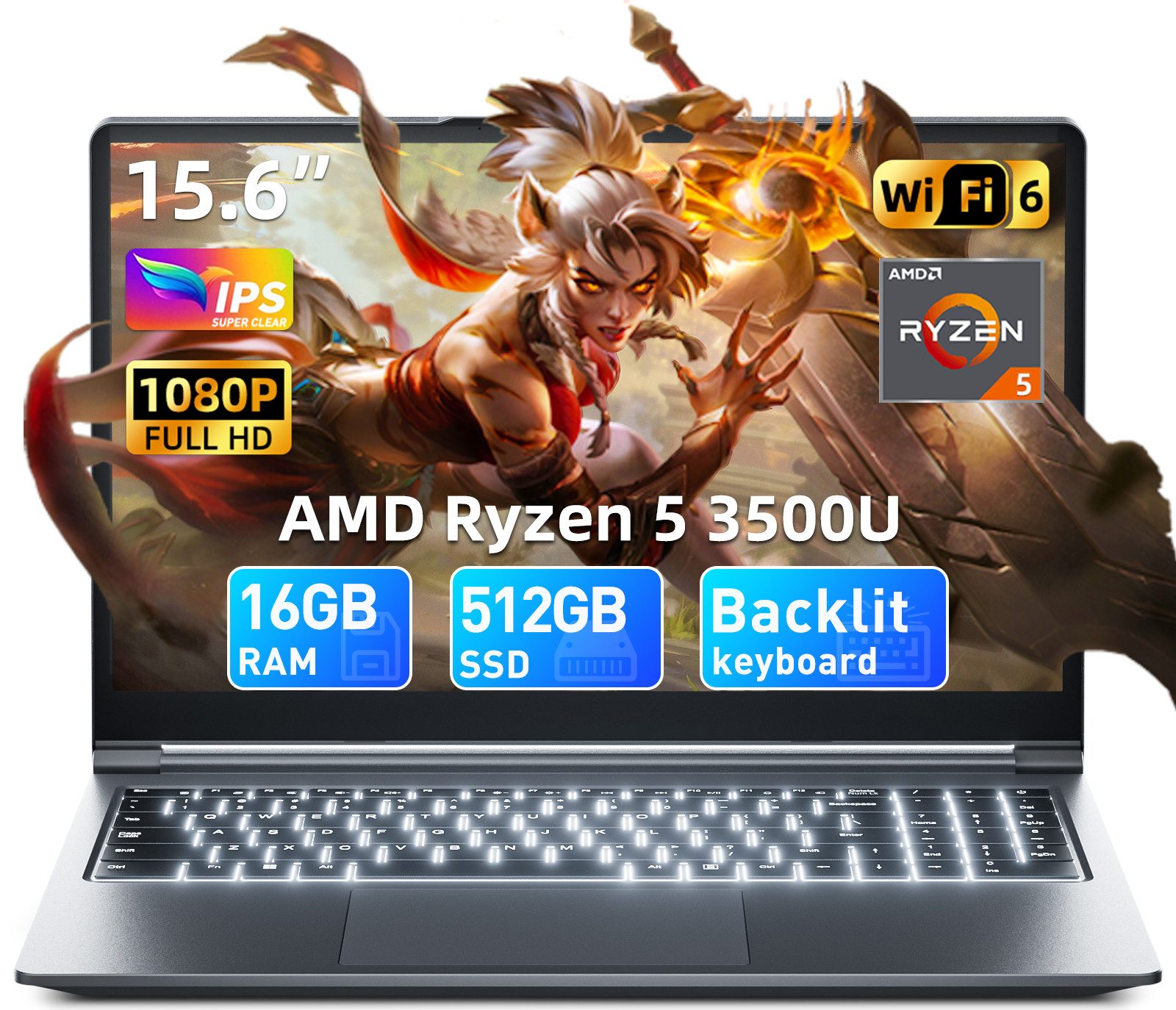 MENGHU 15,6" FHD AI Laptop mit beleuchteter Tastatur 16GB RAM 512GB SSD Notebook (AMD Ryzen 5 3500U, 512 GB SSD)