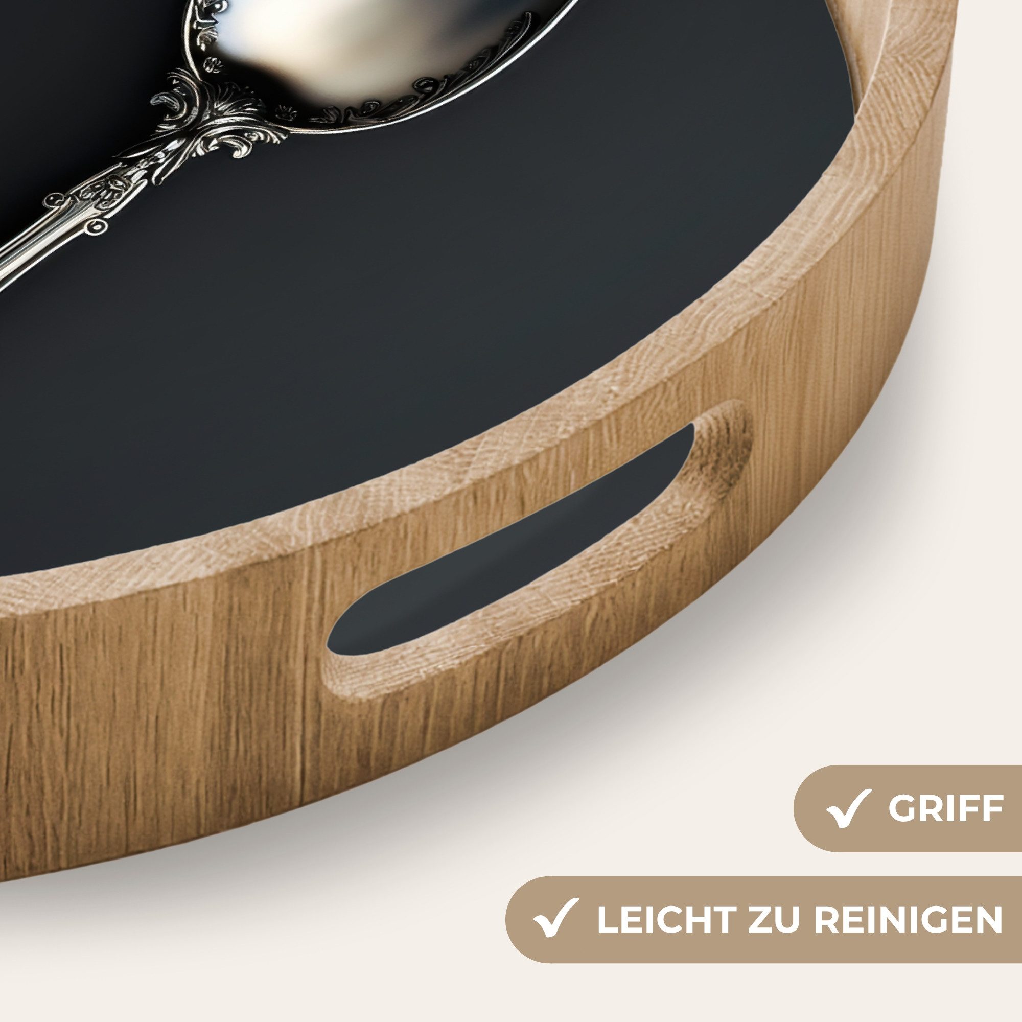 OnlyWow Tablett Rund mit Henkel Löffel - Silber - Metall, Eichenholz, (1-tlg), Siervierplatte, Tray, Frühstücksbrett