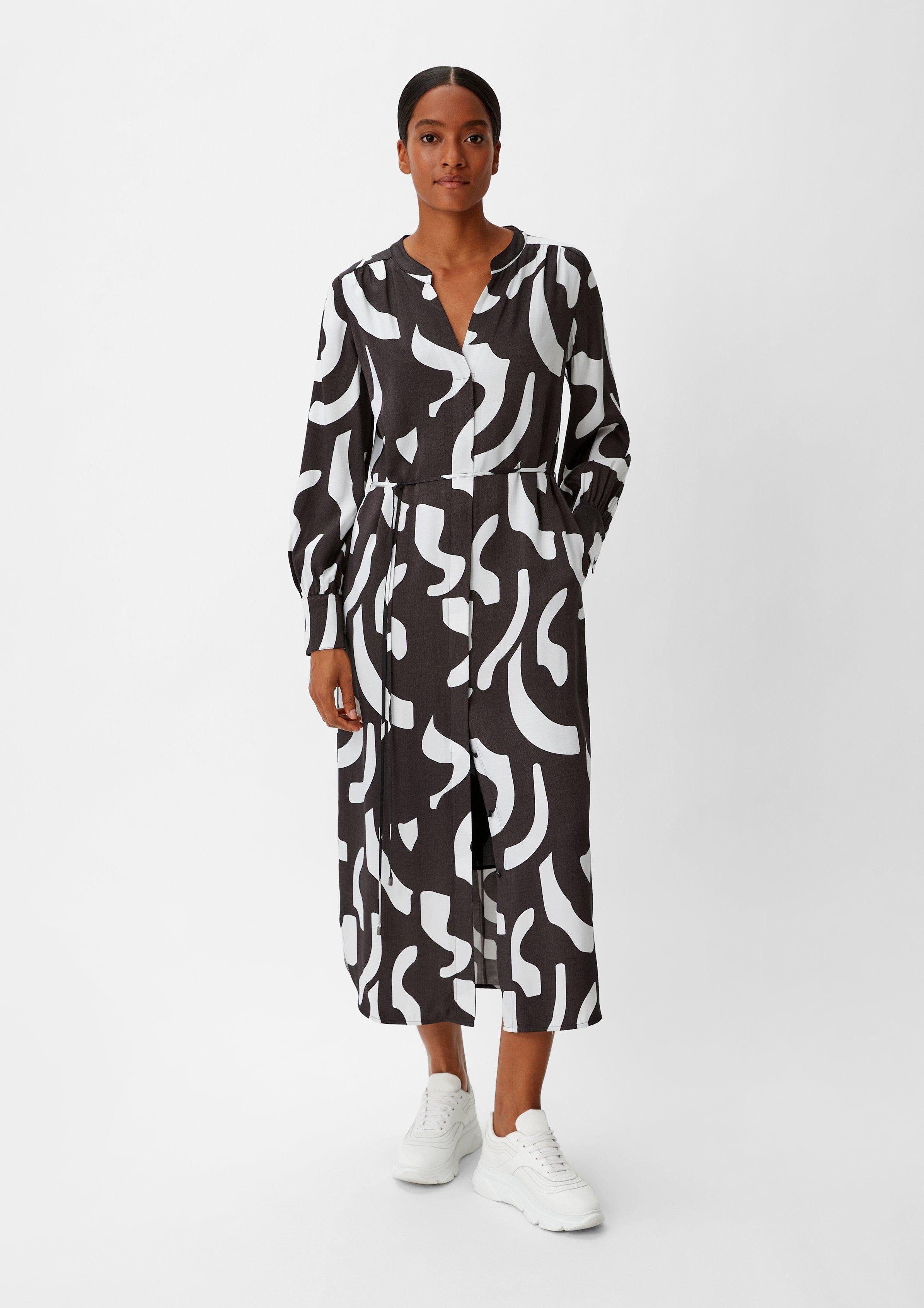 Comma Maxikleid Twill-Kleid mit Stoffgürtel Raffung schwarz
