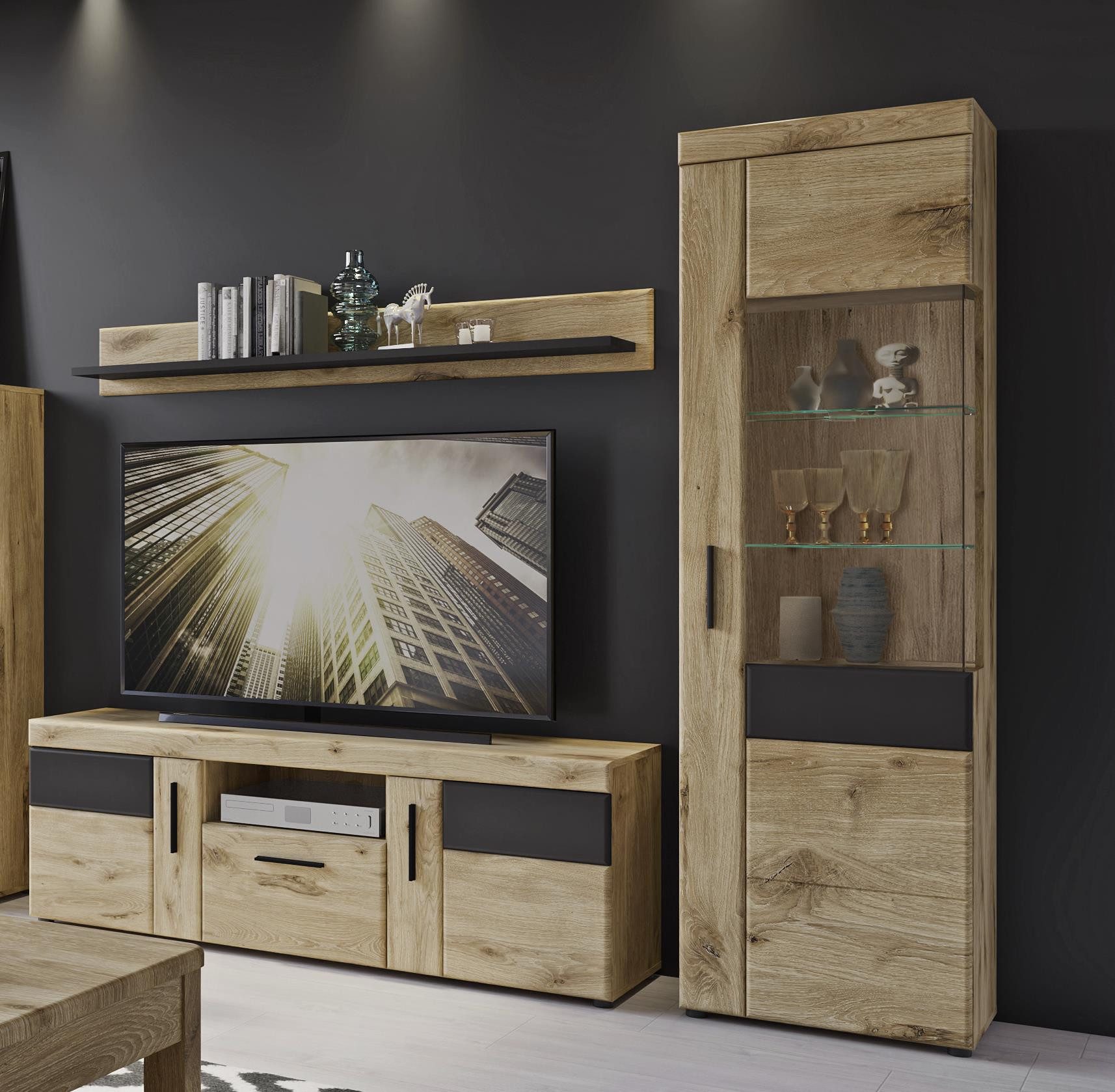 freiraum Wohnwand Grano, (3-teilig), (3-teilig) in Viking Eiche Dekor - 215x195x41 (BxHxT)