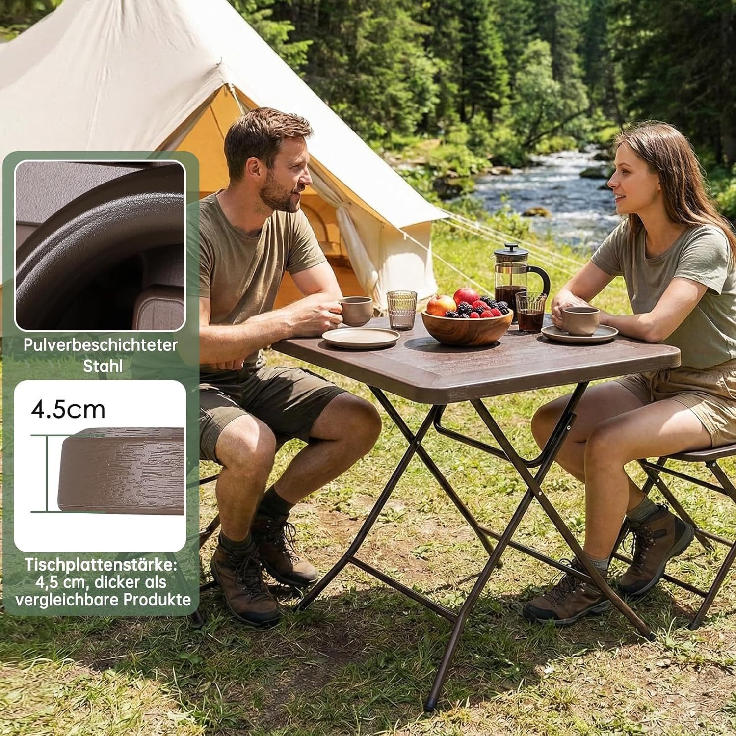 TLGREEN Gartentisch Buffettisch Klappbar 80*80*74cm (Holz-Optik Balkontisch mit Stahlrahmen, Wetterfest Campingtisch, Tragbarer Klein Esstisch), für Garten, Ter – Bild 5 von 5